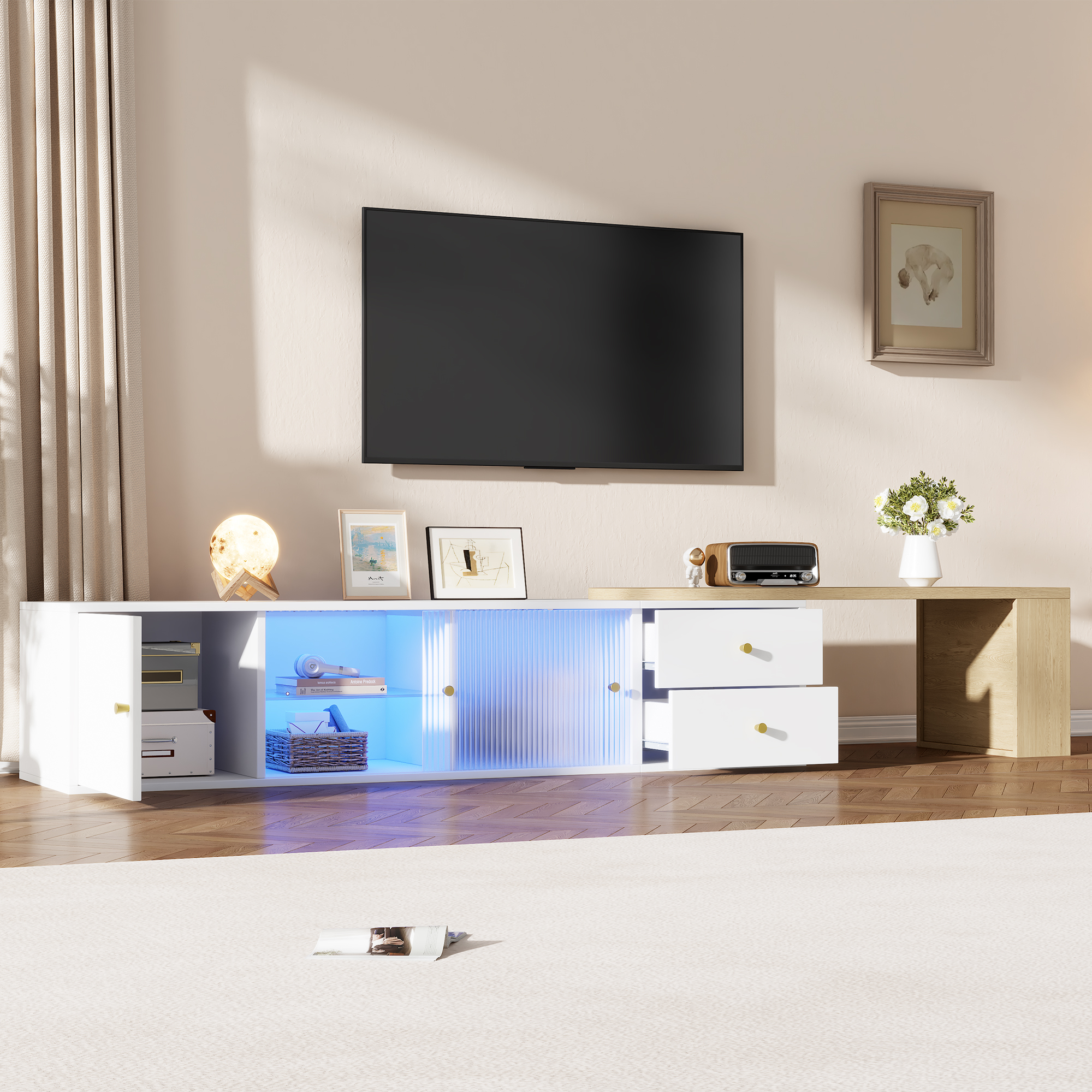 Meuble TV, éclairage LED, extensible, rangement intégré, avec tiroirs, 175 x 40 x 38 cm, panneaux de particules et bois, bois naturel - vue 5