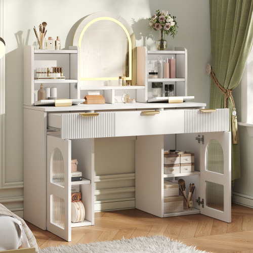 Coiffeuse blanche moderne avec miroir et vitrines latérales