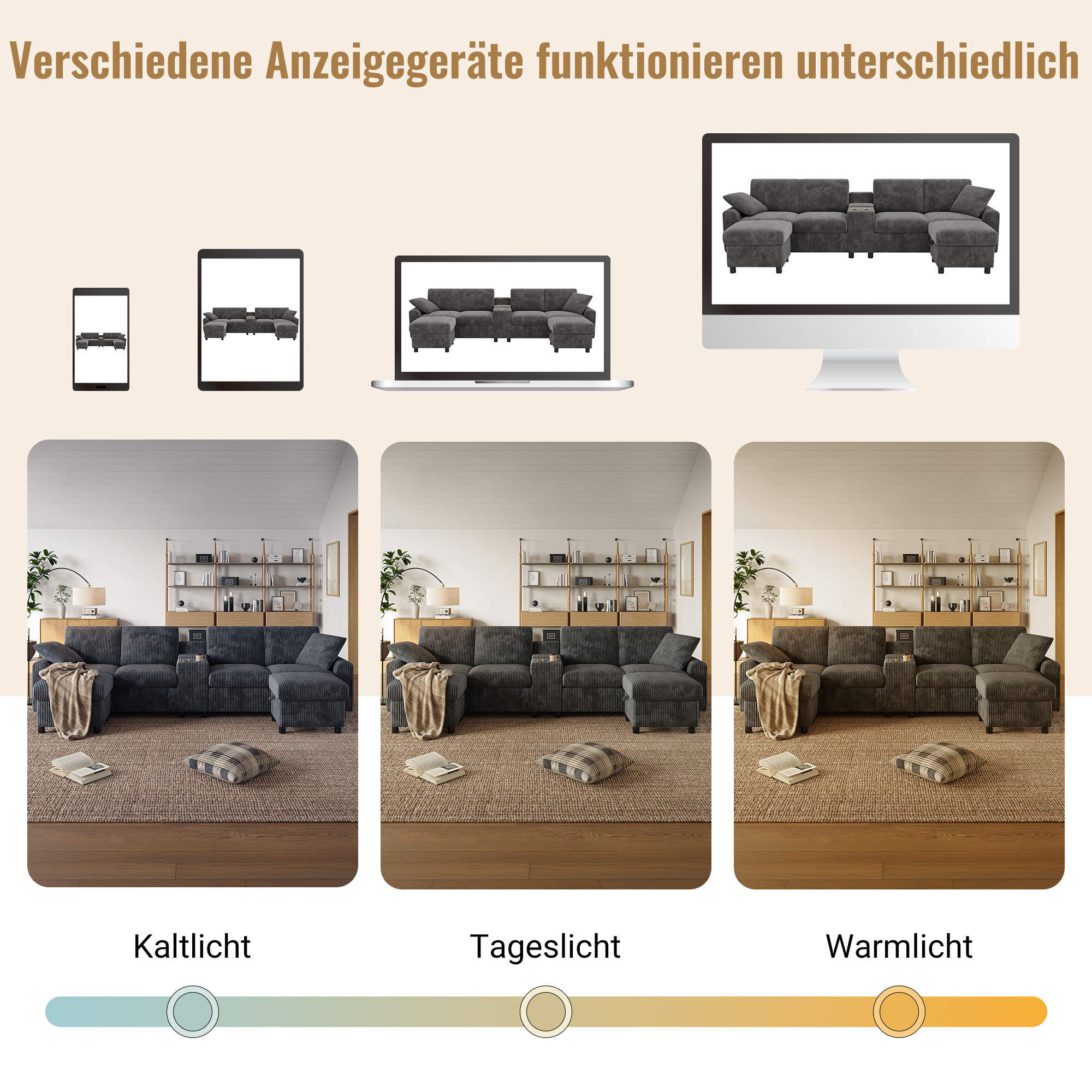 Canapé en U en velours côtelé avec deux poufs et console - vue 5