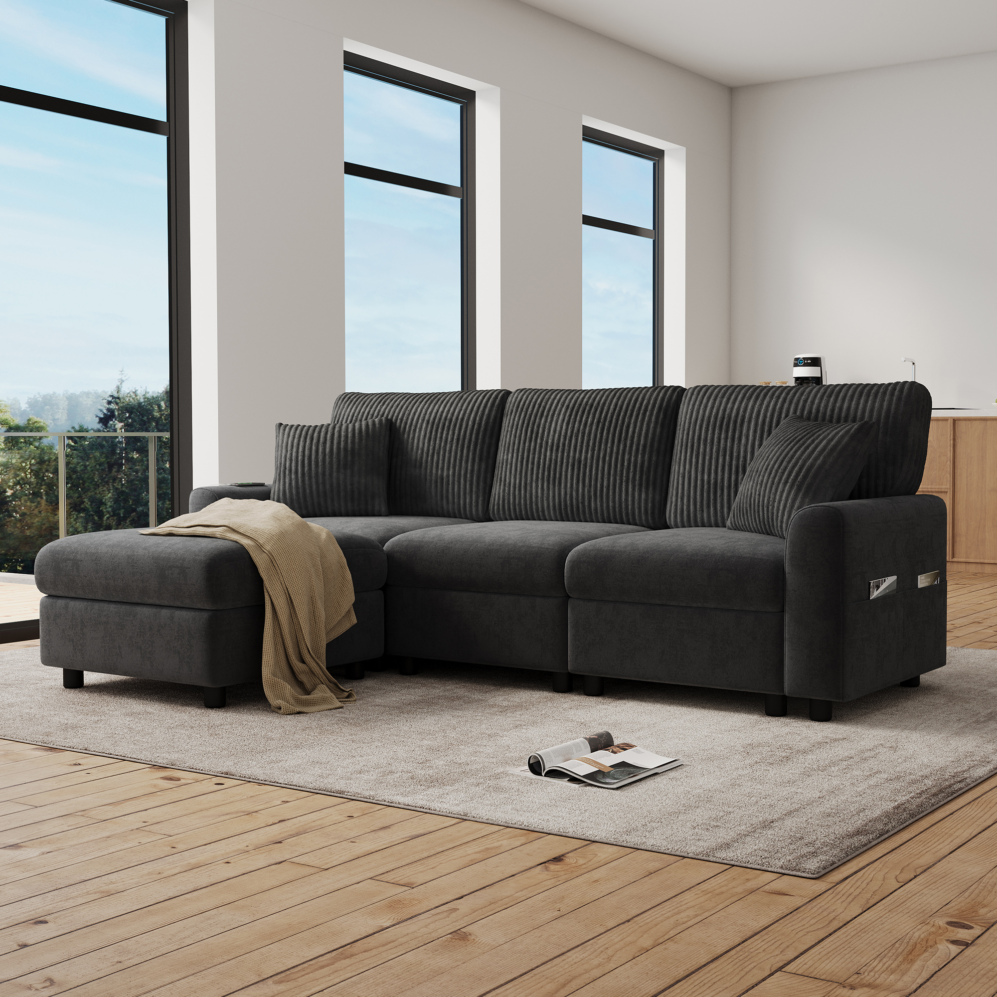Canapé d'angle avec pouf, coussins et ports USB USB-C - vue 2