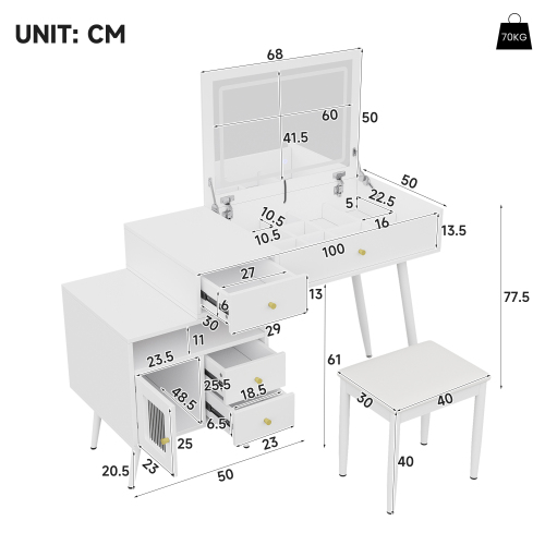 Dimensions de la coiffeuse bureau avec chaise et miroir LED