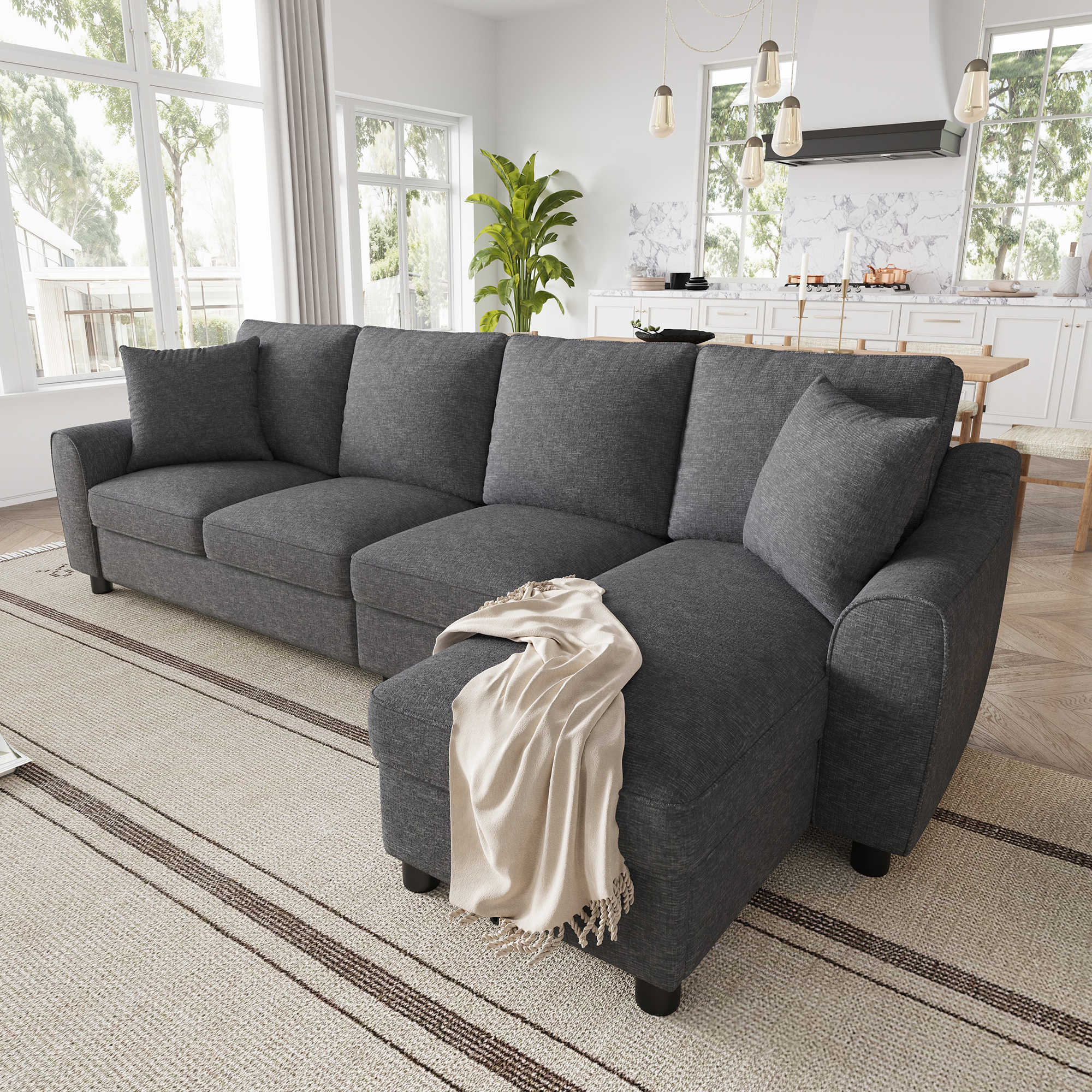 Modernes Tissu L-Form Sofa 3-Sitzer + Chaiselon