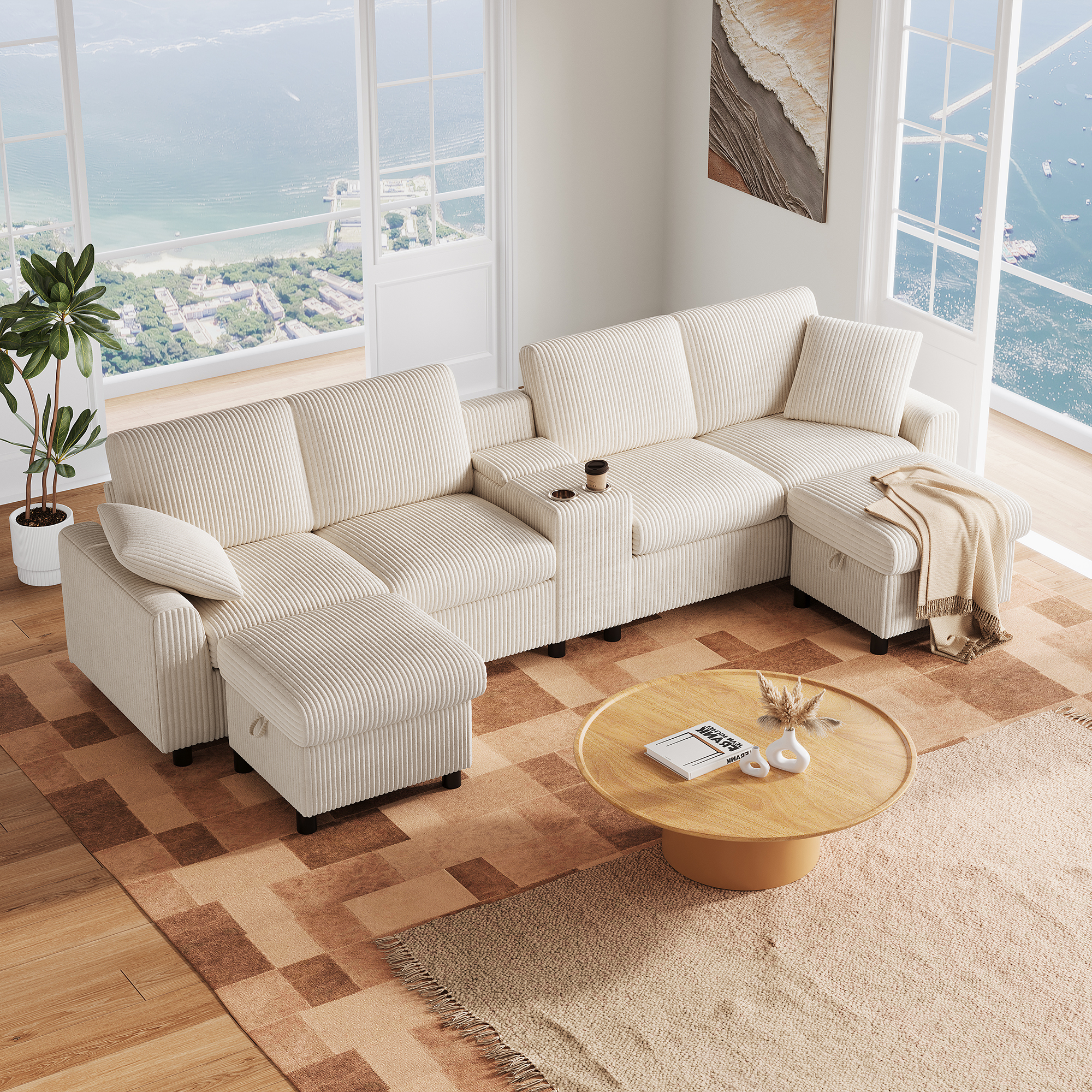 Canapé en U 4 places 315x135x81 cm avec USB Type-C, prises, rangements en velours côtelé beige - présentation 1