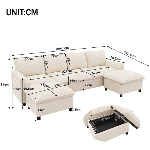 Dimensions du canapé d’angle beige avec deux poufs