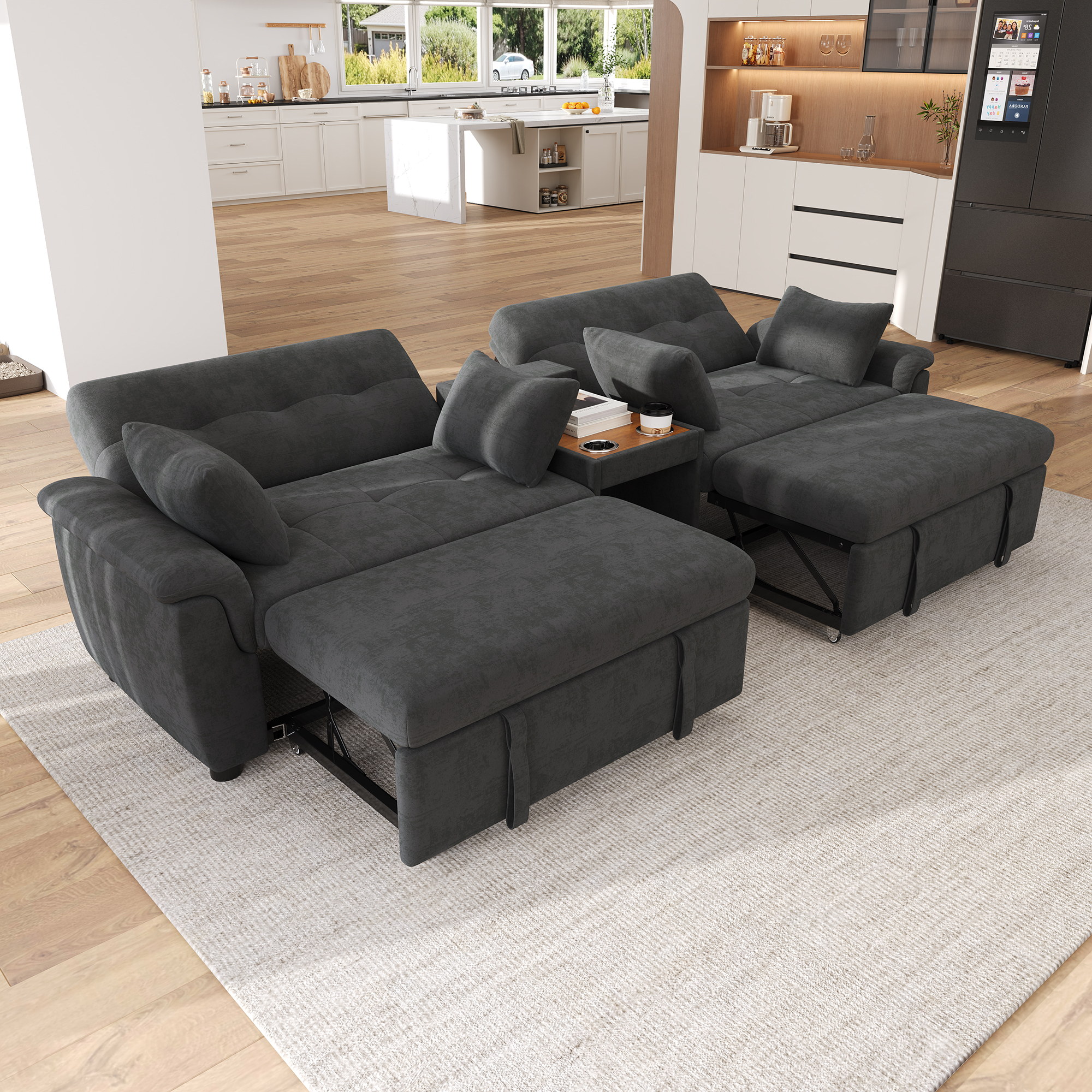 Canapé d’angle convertible en U 4 places en chenille avec rangement, USB/Type-C et porte-gobelets, Gris foncé, 284 x 138 x 89 cm - vue principale 1