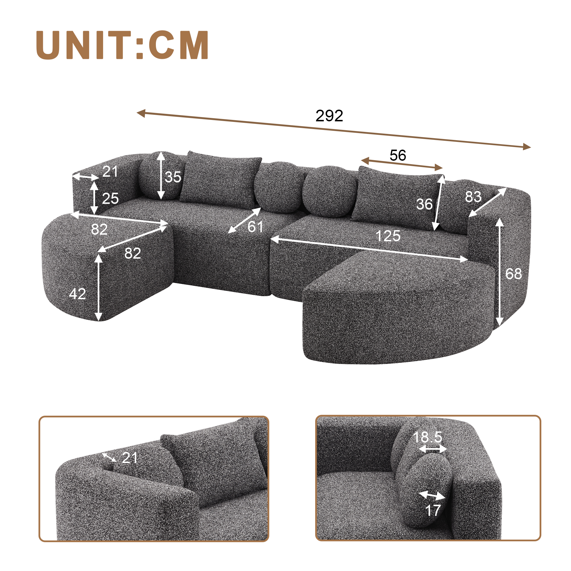 Dimensions canapé modulaire 292x165x68 cm