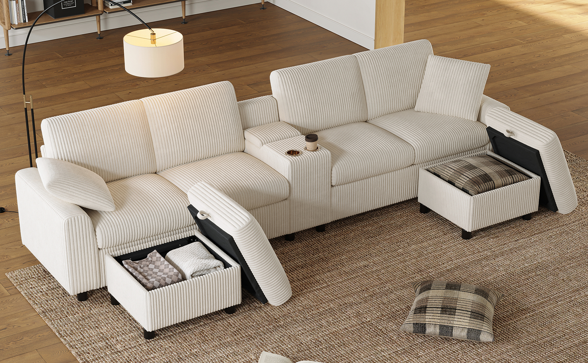 Canapé panoramique, ports USB, prises et recharge intégrées, 315 x 135 x 81 cm, velours côtelé, beige - vue 3