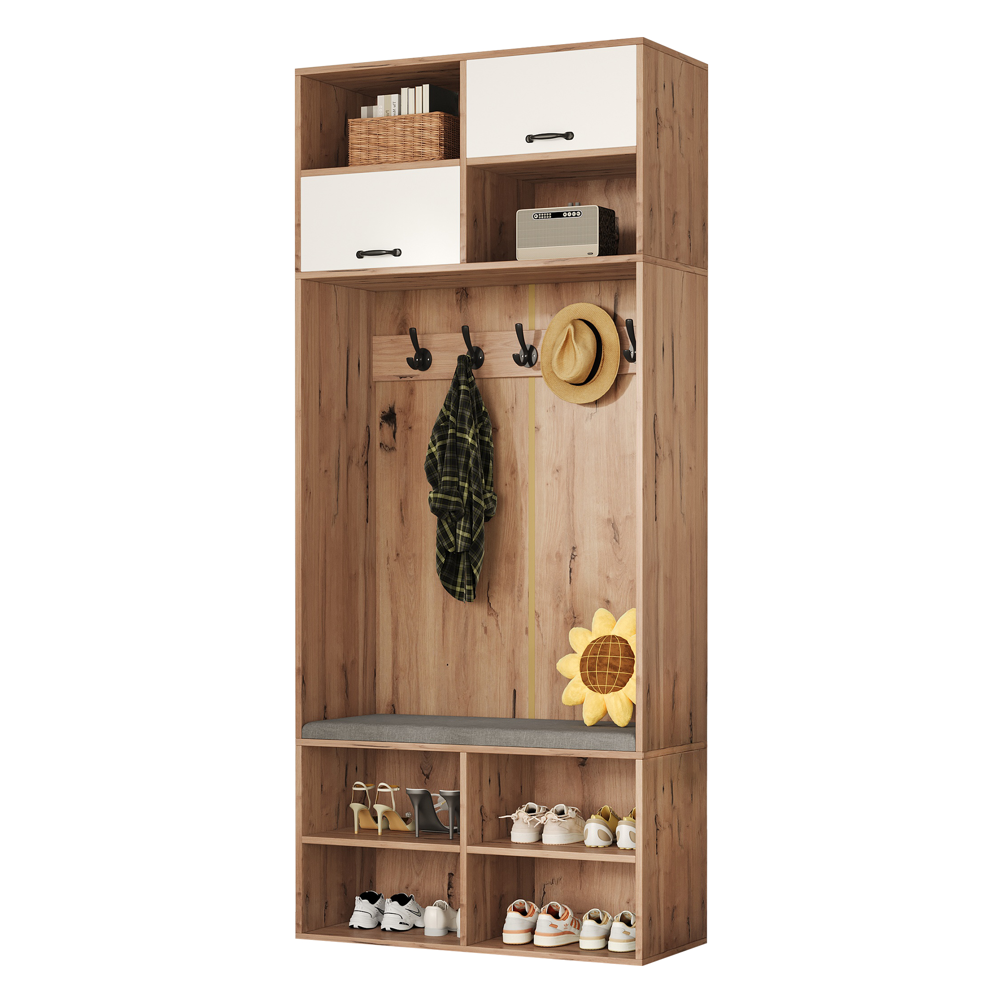 Vestiaire d’entrée, 80 x 35 x 185 cm, panneaux de particules et bois, bois naturel - vue 2
