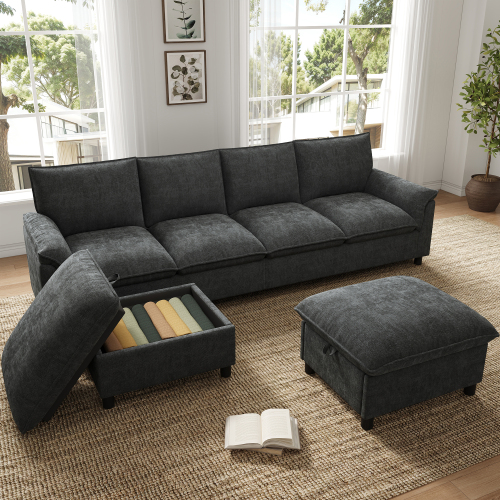 Deux poufs mobiles associés au canapé modulable