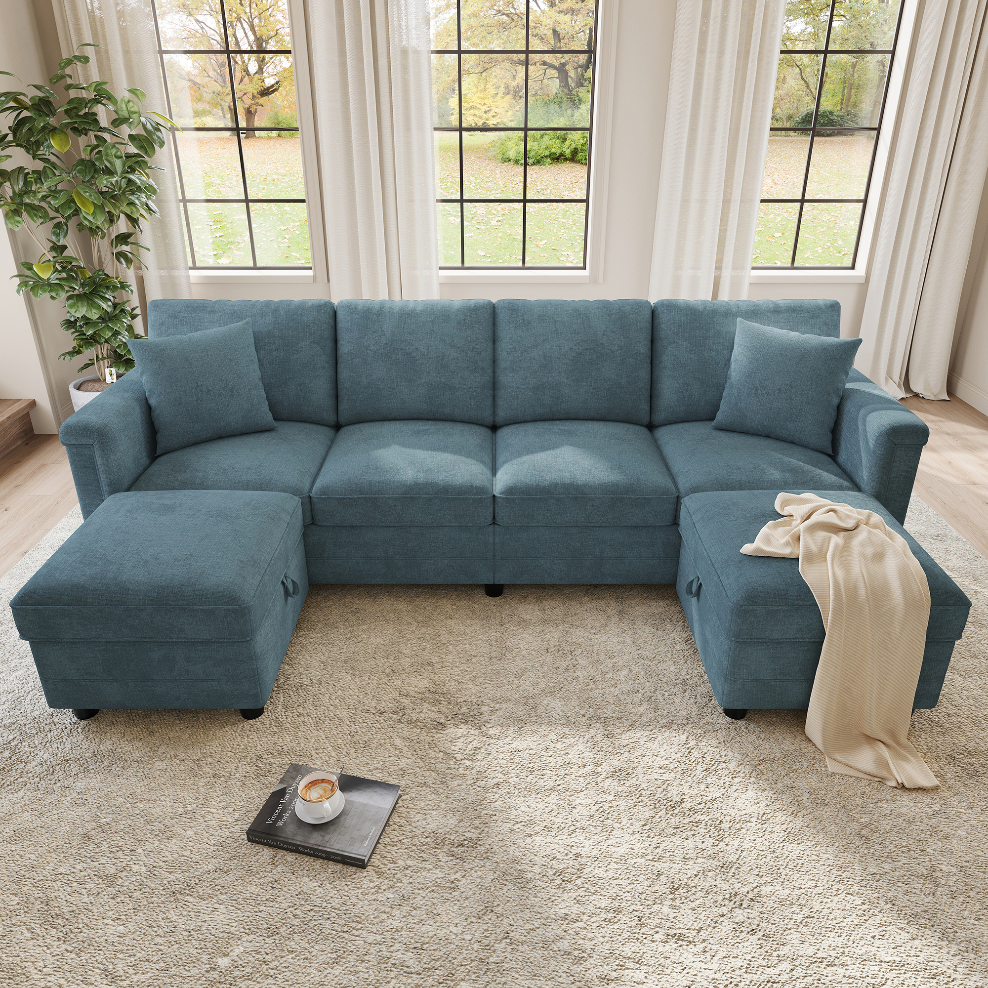 Canapé modulable bleu en tissu chenille avec poufs de rangement