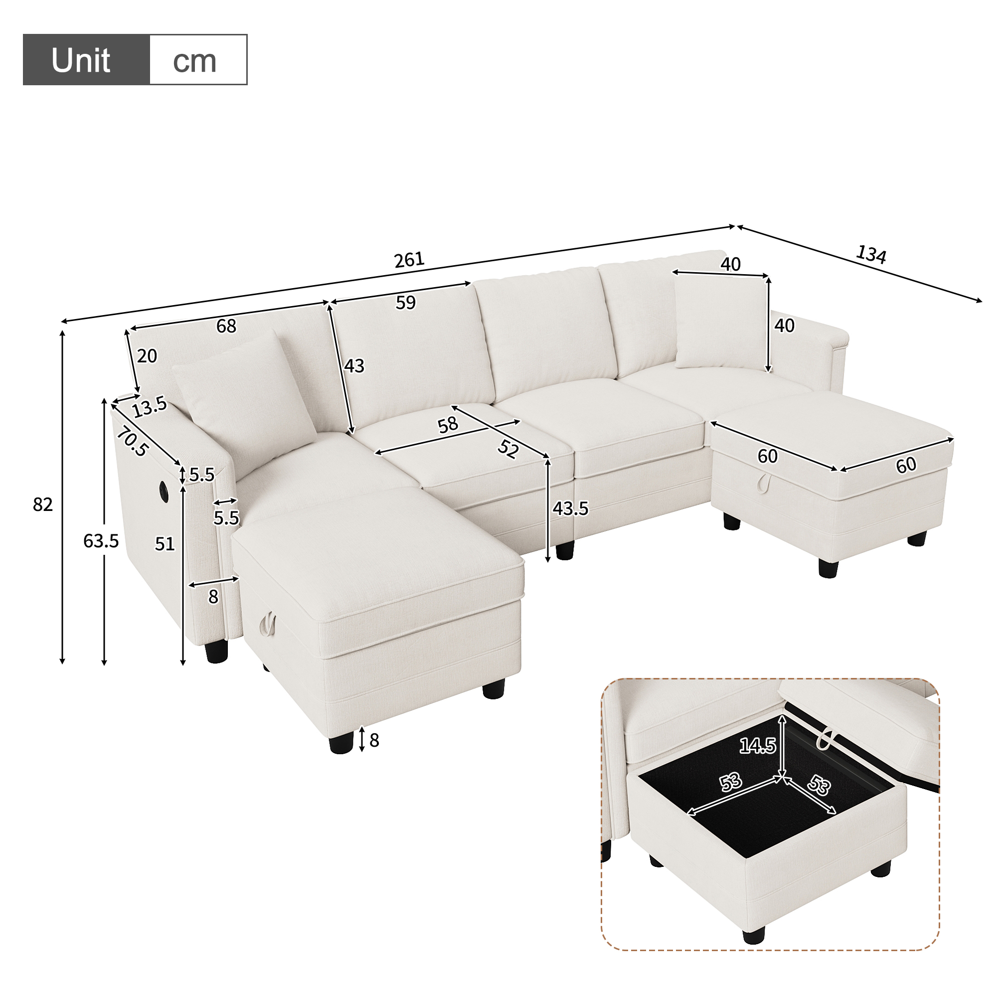 Détails du canapé modulable beige avec rangement intégré et ports USB Type-C
