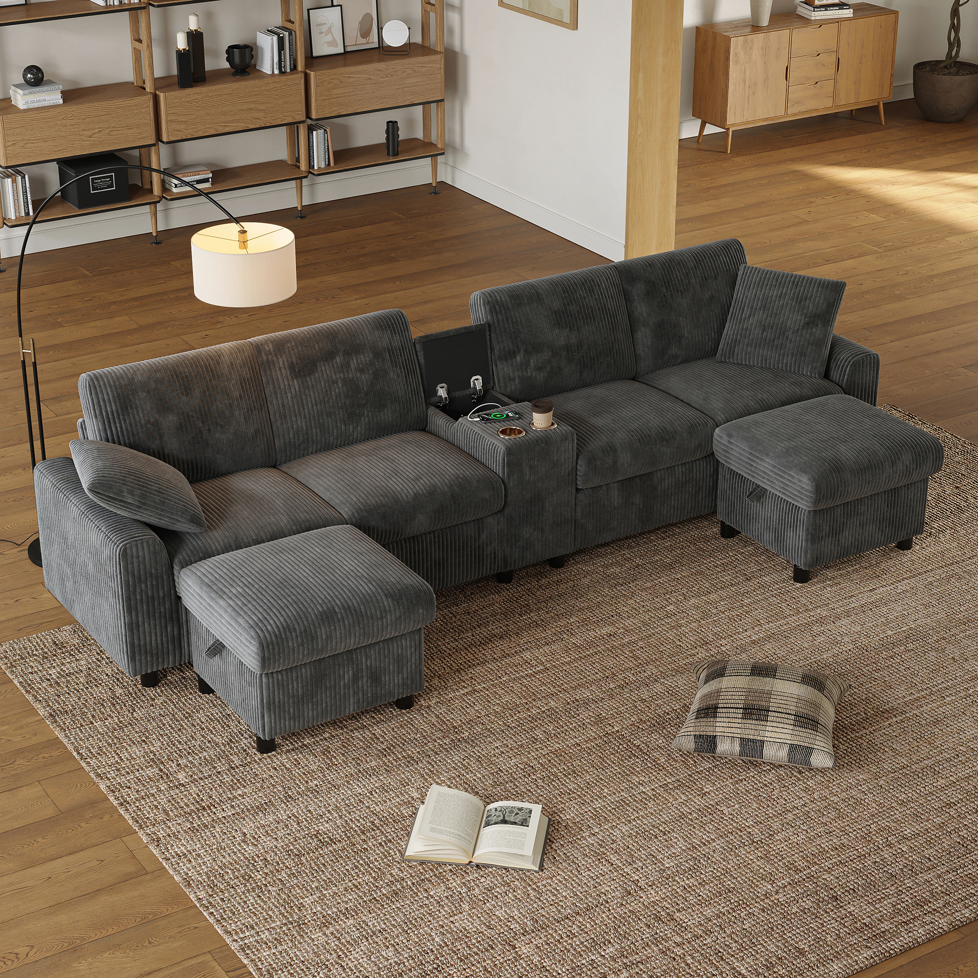 Canapé en U en velours côtelé avec deux poufs et console - vue 3