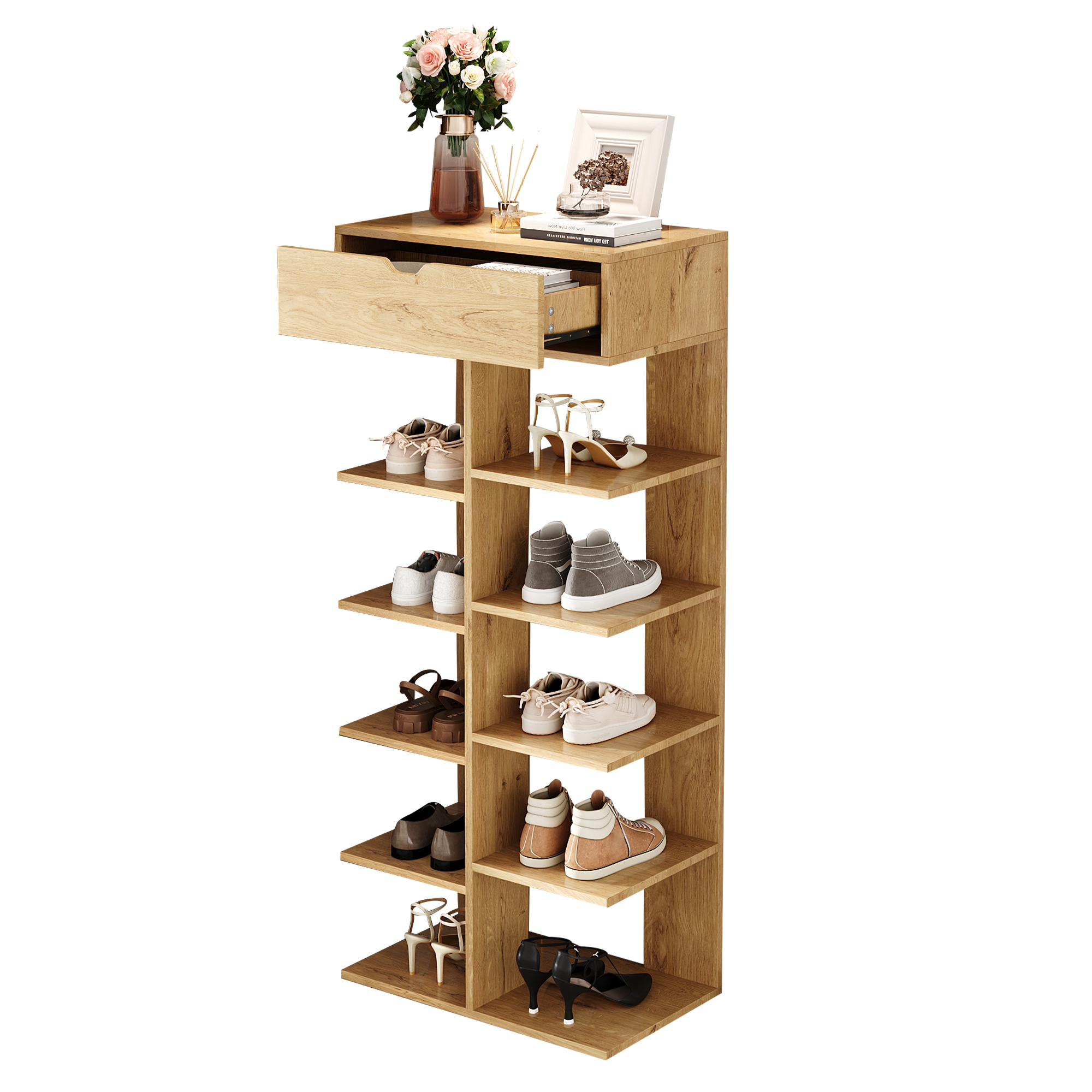 Meuble à chaussures, avec tiroirs, 55 x 33 x 133 cm, panneaux de particules et bois, bois naturel - vue 1