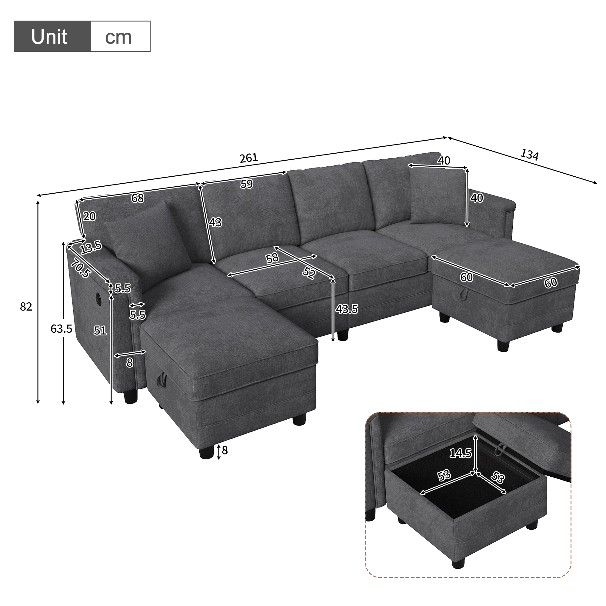 Détails du canapé modulable chenille Gris avec rangement intégré et ports USB USB-C