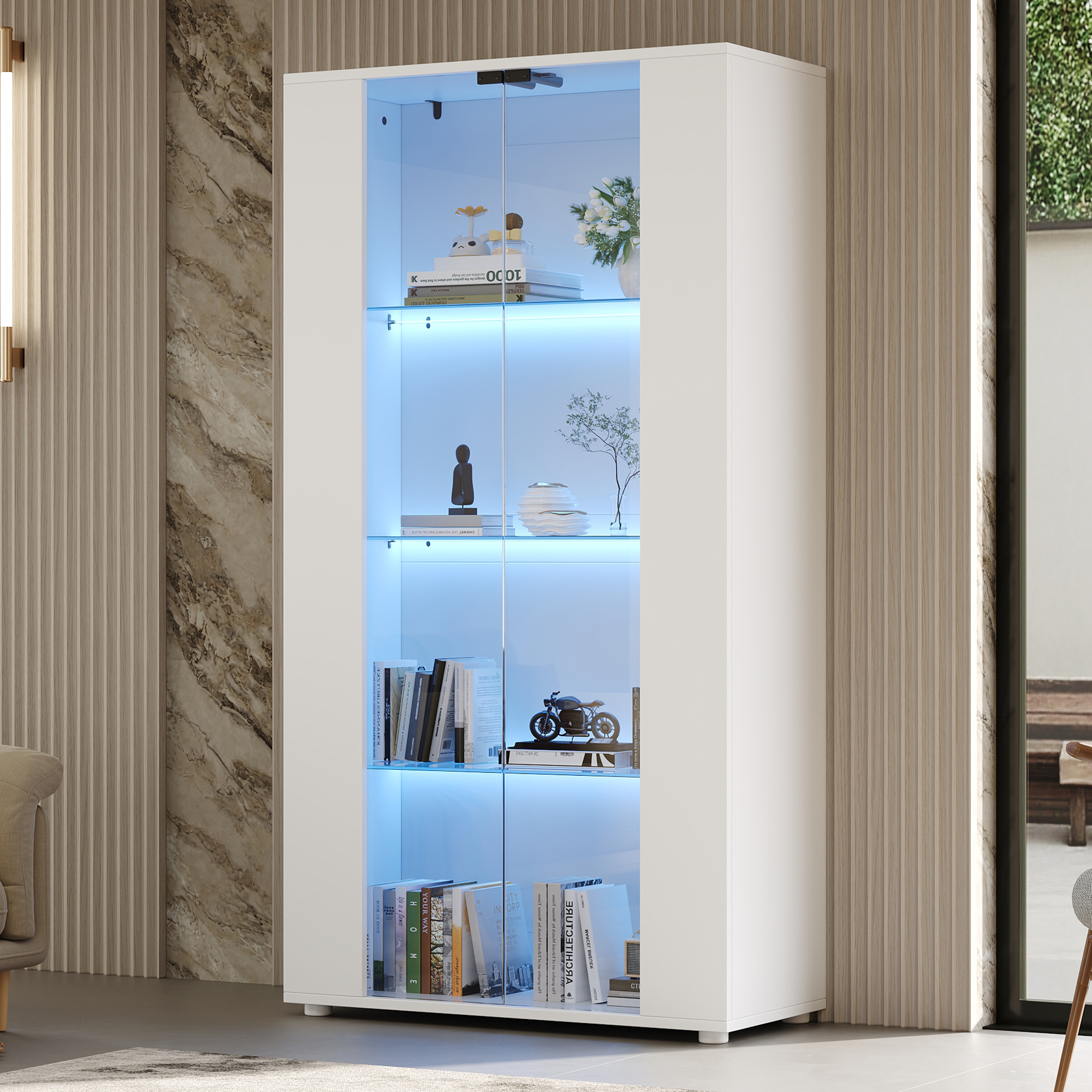 Vitrine, éclairage led, éléments en verre, 80 x 36 x 150 cm, panneaux de particules et verre, blanc - vue 4