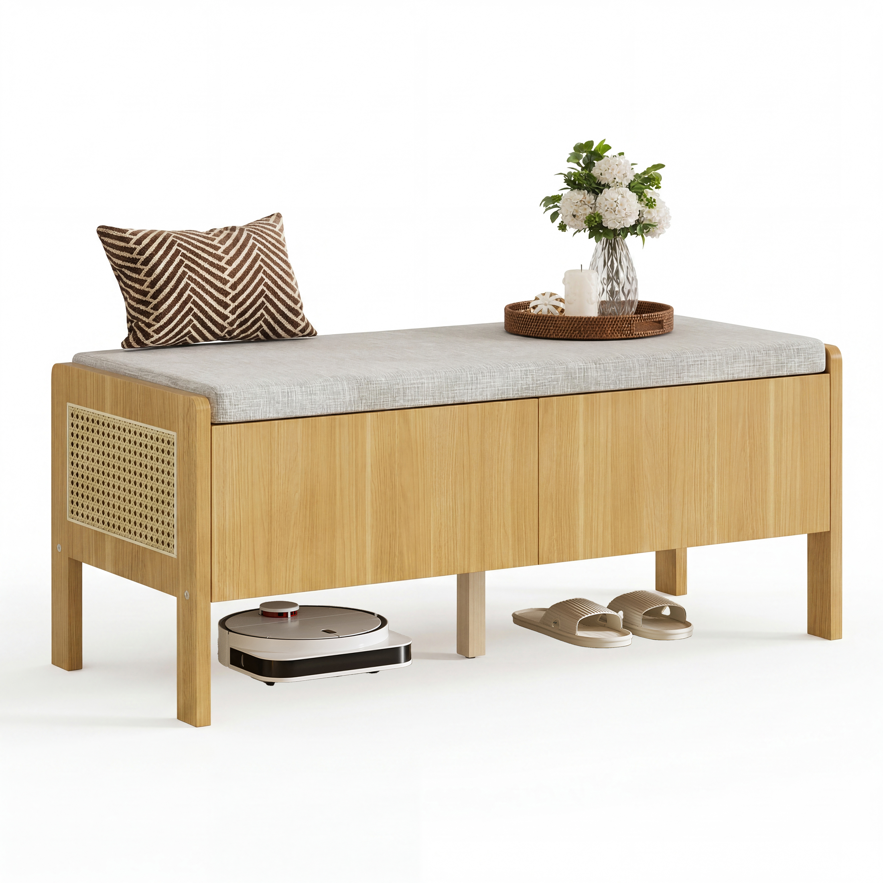 Banc coffre, avec tiroirs, détails en rotin, 113 x 40 x 45,5 cm, rotin et MDF, bois naturel - vue 2