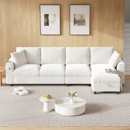 Canapé d’angle beige en chenille avec fonction repos