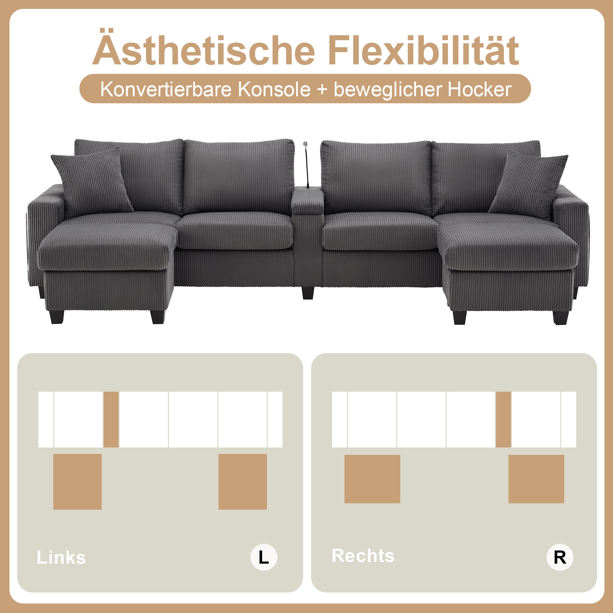 Canapé en U 4 places 334x128,5x81 cm avec LED, USB Type-C, rangements en velours côtelé gris - vue complémentaire 1