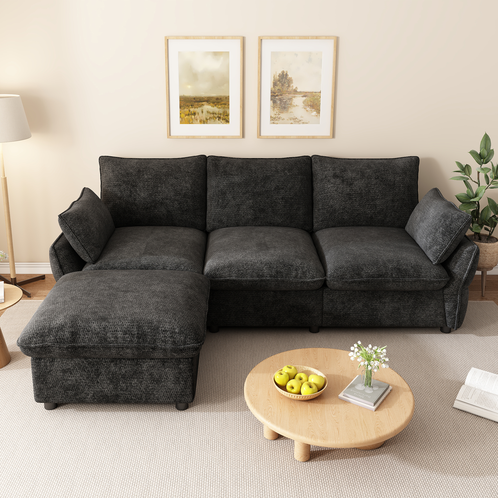 Canapé d’angle en L 3 places en chenille avec pouf, Gris foncé, 222,5 x 154,5 x 76,5 cm - vue principale 1