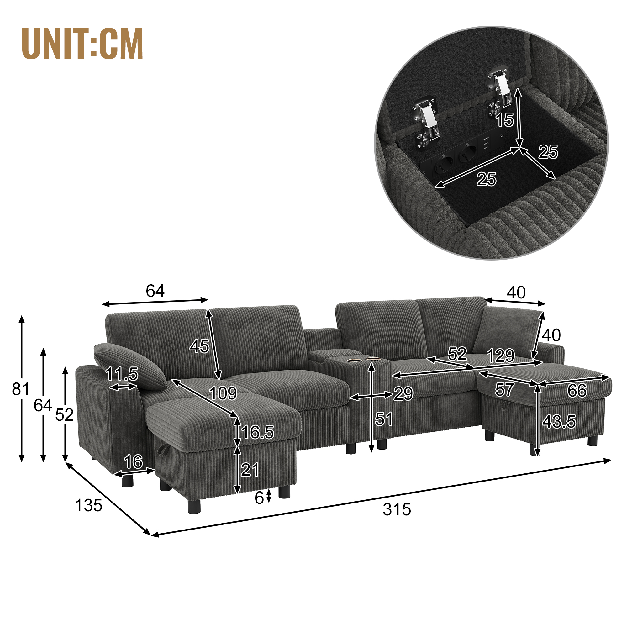 Canapé en U 4 places 315x135x81 cm avec USB Type-C, prises, rangements en velours côtelé gris - points forts 1