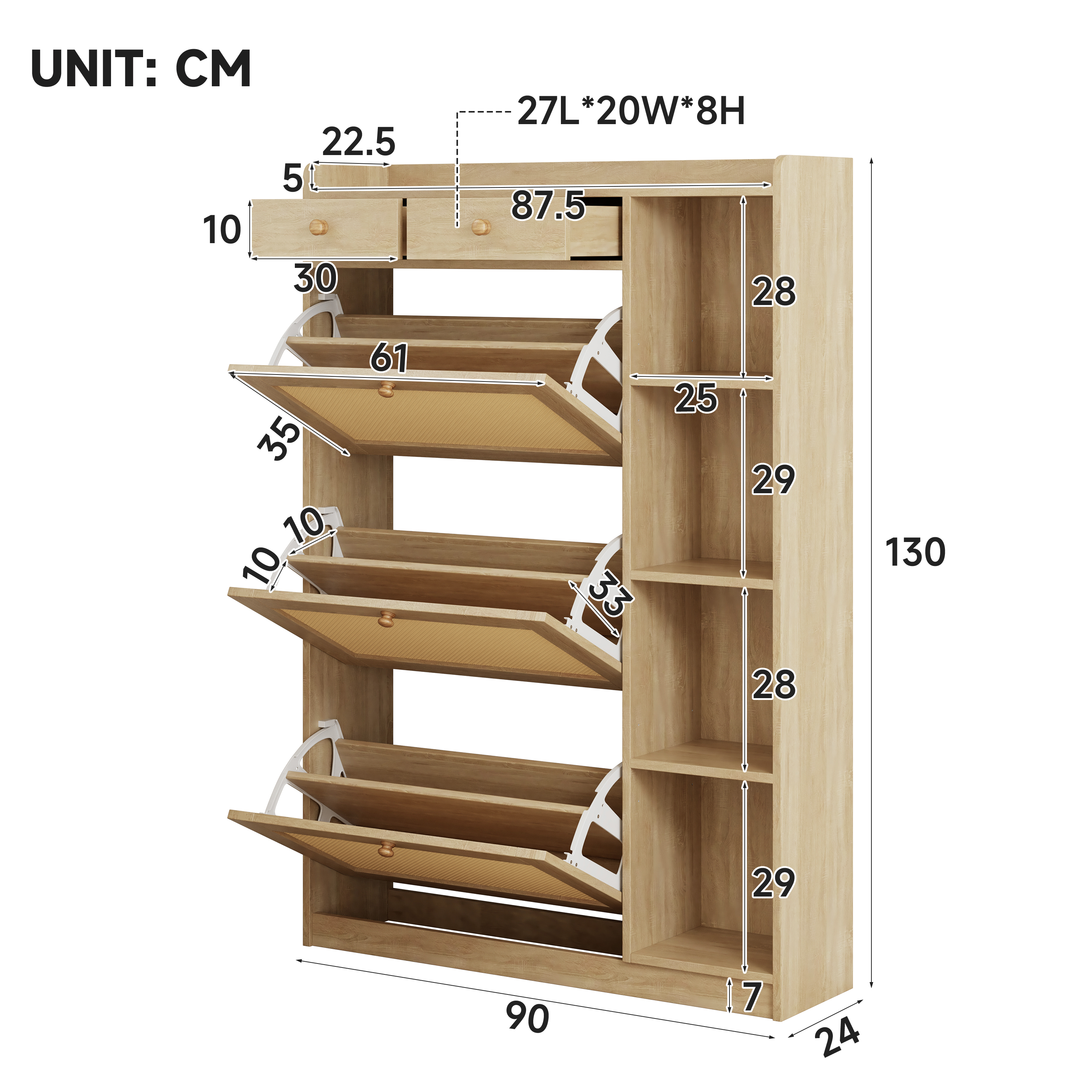 Meuble à chaussures, structure pliante, avec tiroirs, détails en rotin, 90 x 24 x 130 cm, panneaux de particules et rotin, bois naturel - vue 1