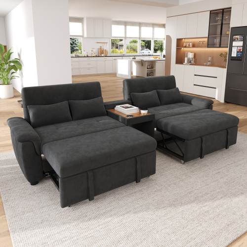 Canapé d’angle gris foncé en chenille avec modules dépliables
