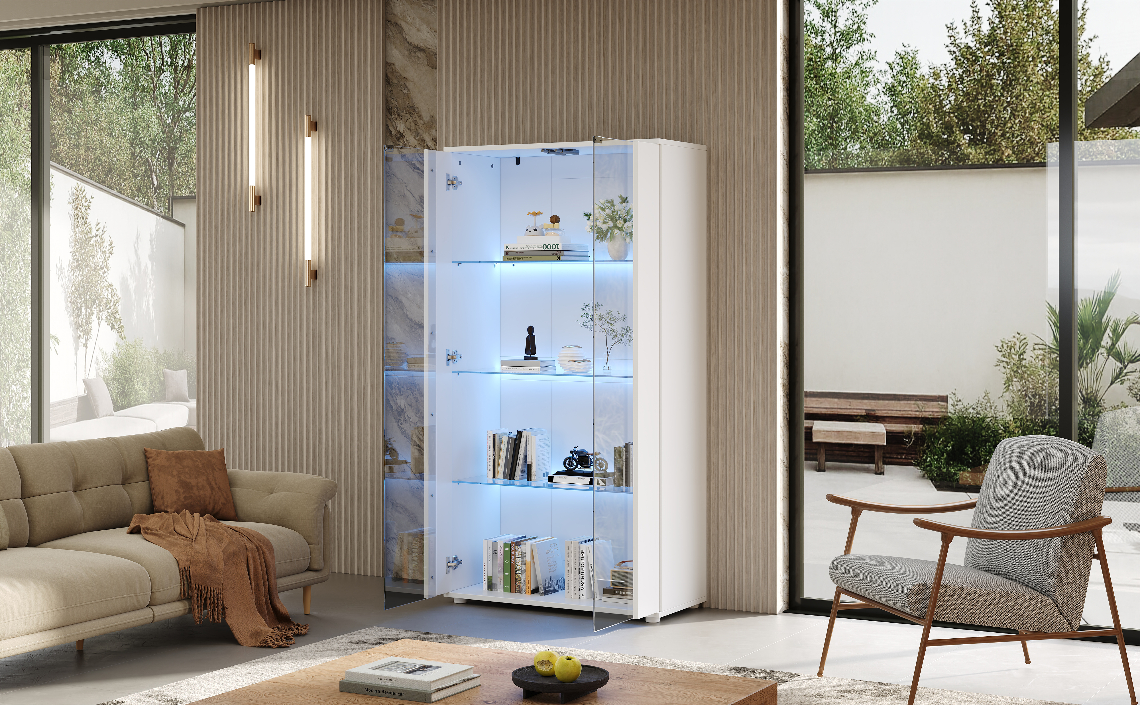 Vitrine, éclairage led, éléments en verre, 80 x 36 x 150 cm, panneaux de particules et verre, blanc - vue 3