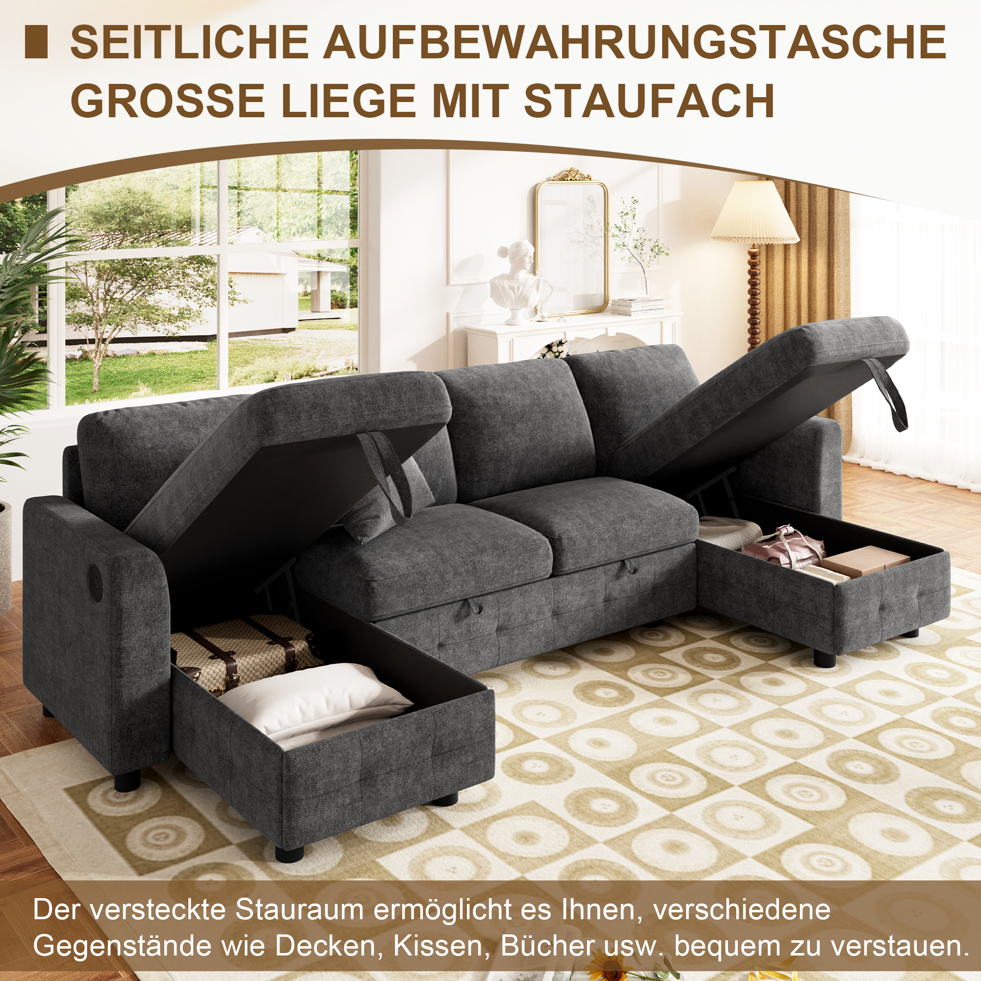Canapé d’angle convertible en U 4 places en chenille avec rangement, USB/Type-C et porte-gobelets, Gris foncé, 260 x 128 x 82 cm - spécifications 1