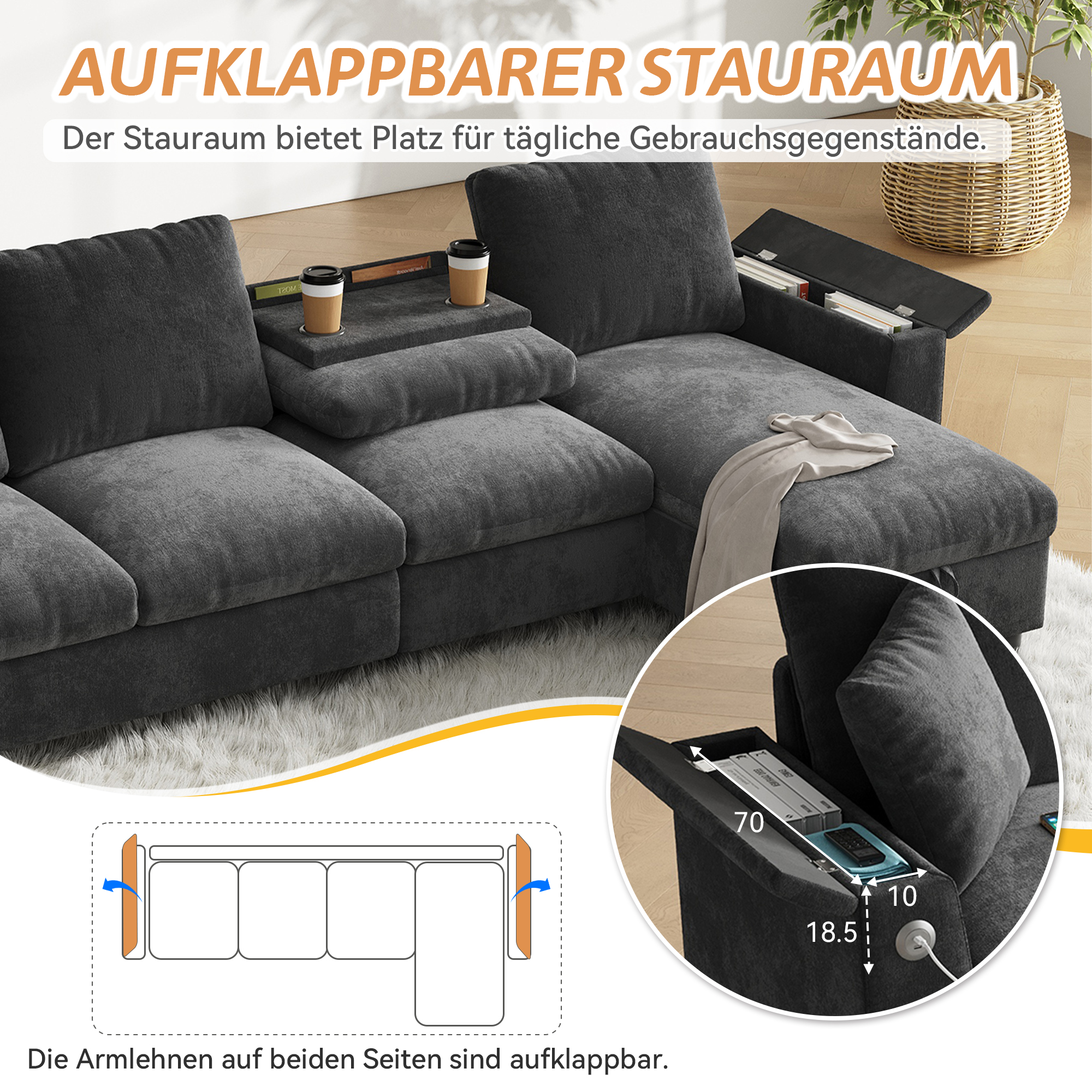 Tissu-Stoffsofa, L-förmige Ecke und zwei Armleh