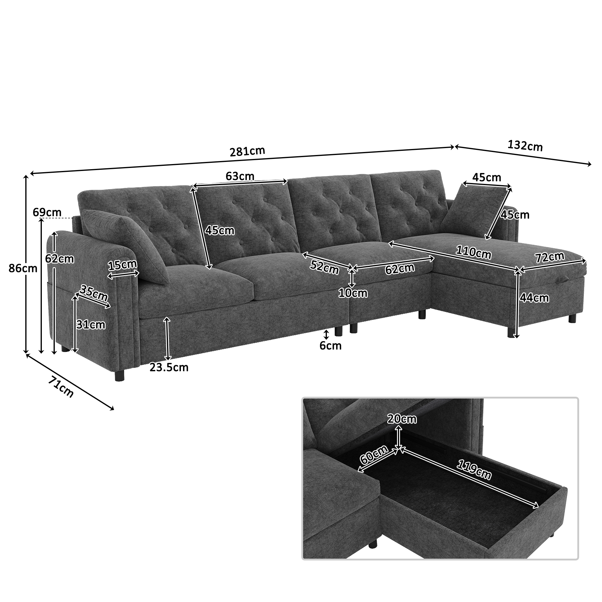 Canapé d’angle modulable 4 places 281 x 132 x 86 cm canapé en L avec méridienne, avec rangement, velours, Gris - vue complémentaire 1