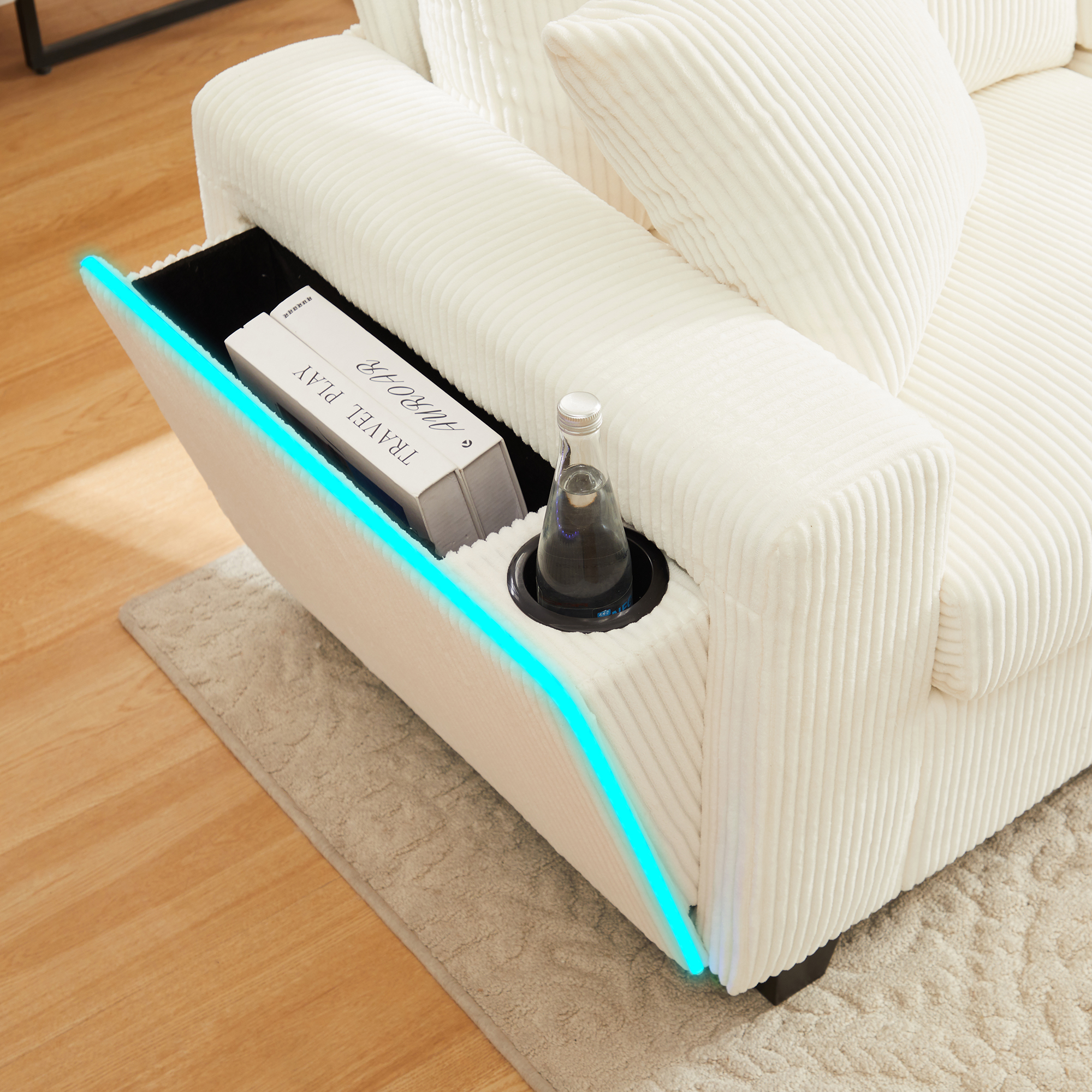 Canapé en U 4 places 334x128,5x81 cm avec LED, USB Type-C, rangements en velours côtelé beige - vue complémentaire 1