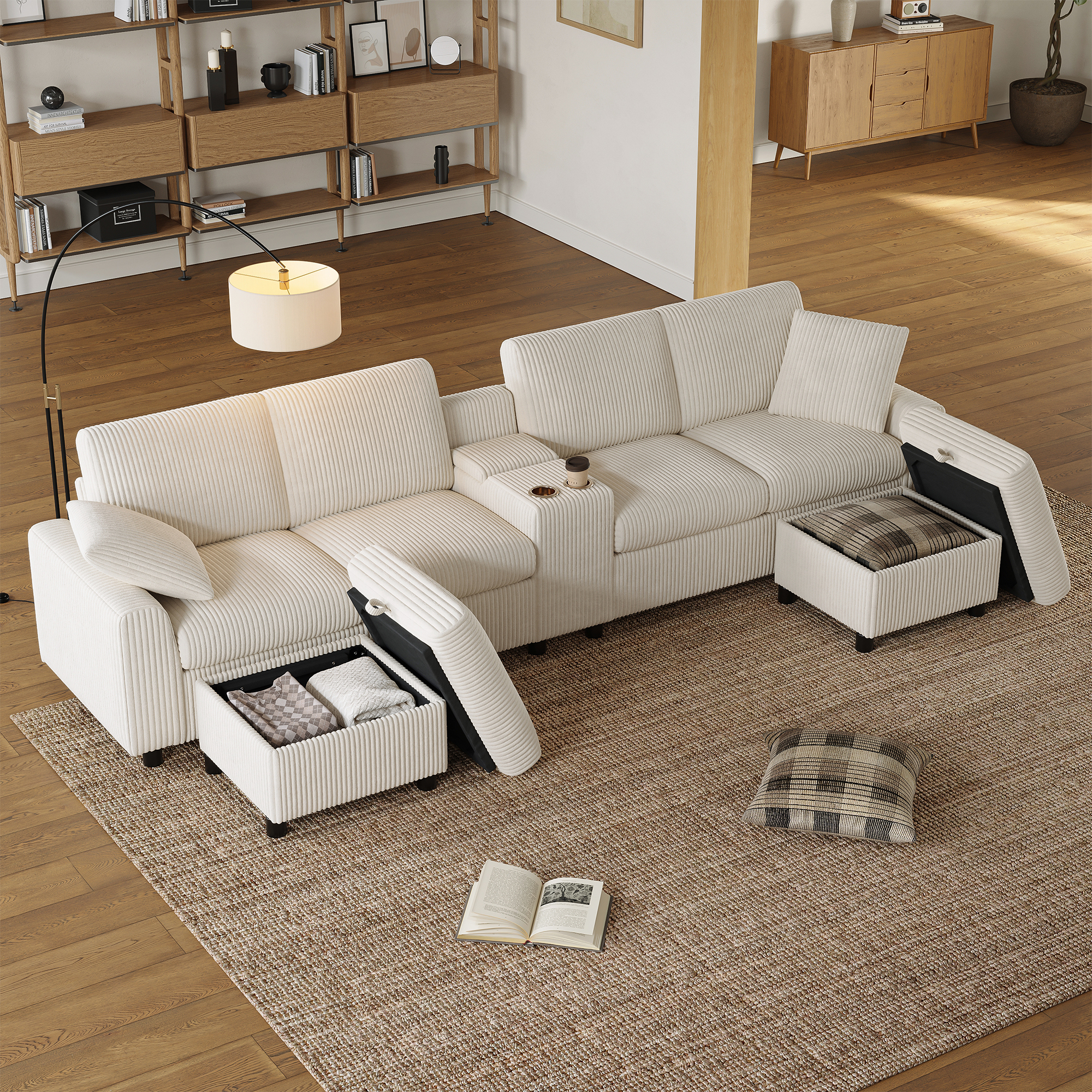 U-förmiges Sofa aus Corduroy, inklusive 2 Fußhocke