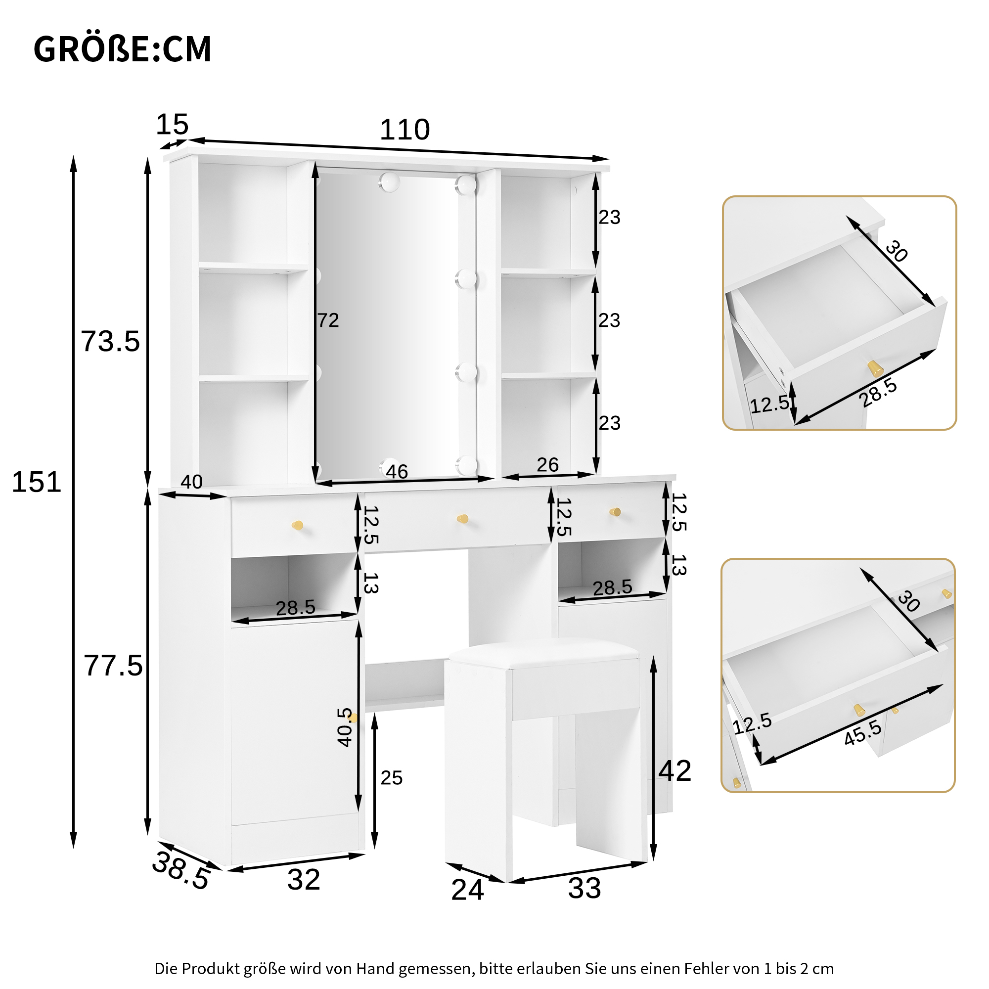 Coiffeuse Hollywood avec 10 ampoules LED 3 températures, miroir 45×60 cm, 4 étagères ouvertes, 3 tiroirs, 2 portes, beaucoup de rangement, bois résistant, pour maquillage et coiffure à domicile - image 8