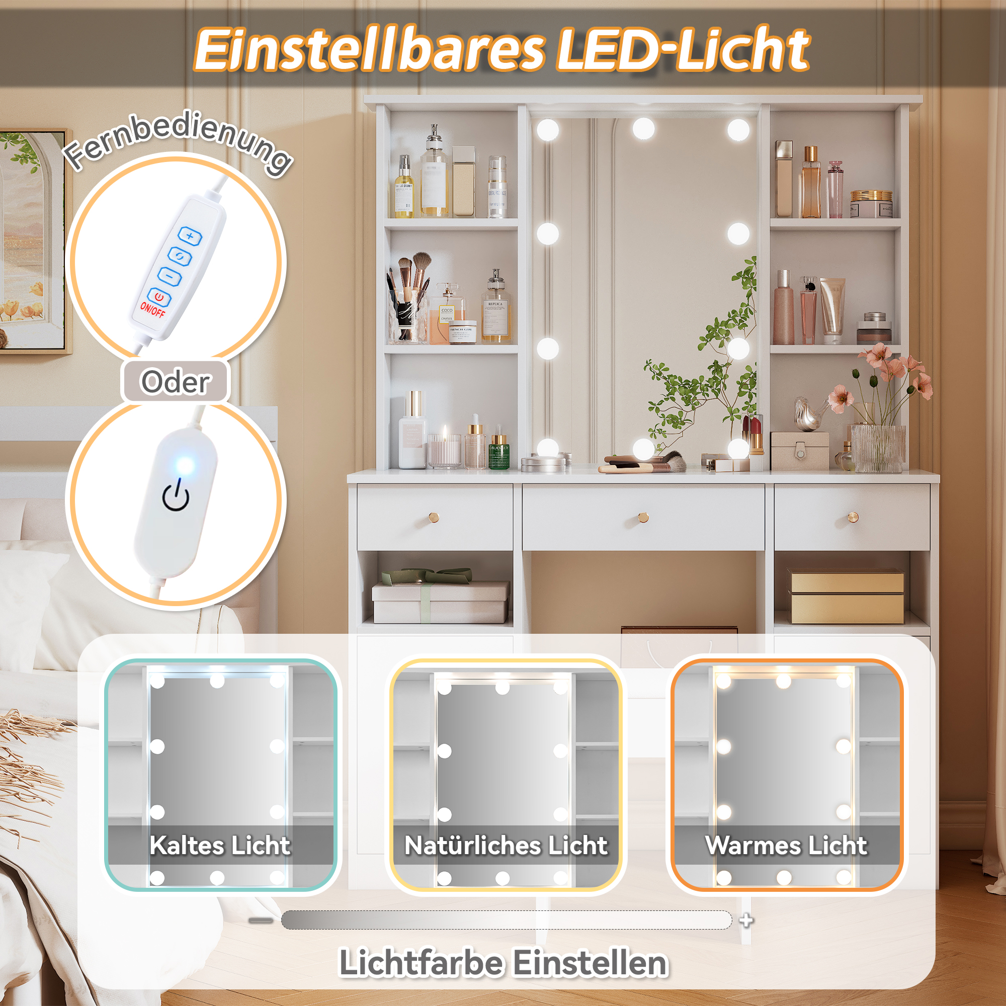 Coiffeuse Hollywood avec 10 ampoules LED 3 températures, miroir 45×60 cm, 4 étagères ouvertes, 3 tiroirs, 2 portes, beaucoup de rangement, bois résistant, pour maquillage et coiffure à domicile - image 14