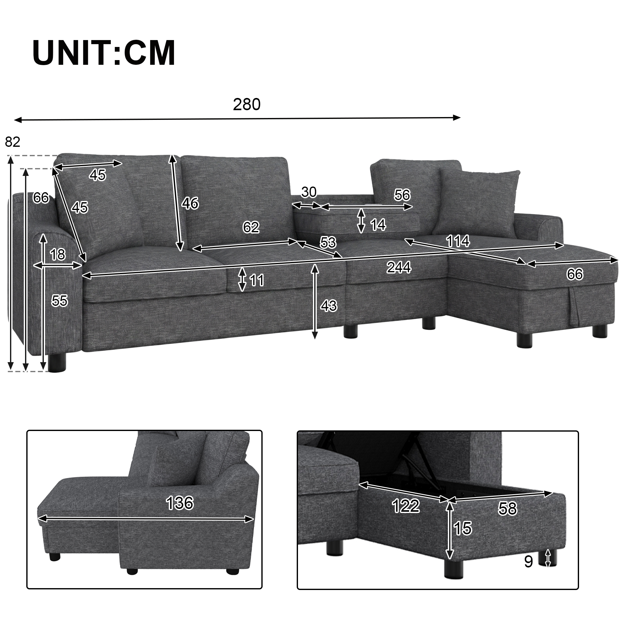 Dimensions canapé L gris 280cm