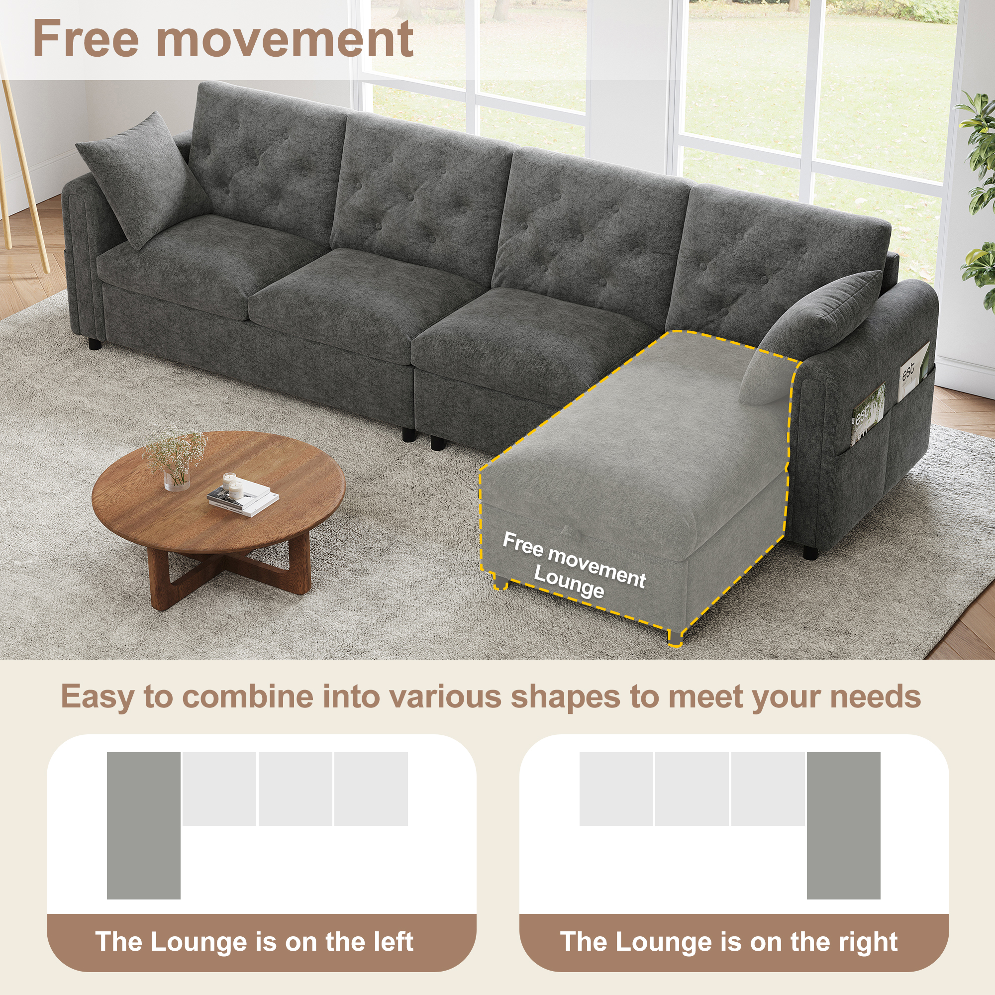 Canapé d’angle modulable 4 places 281 x 132 x 86 cm canapé en L avec méridienne, avec rangement, velours, Gris - spécifications 1