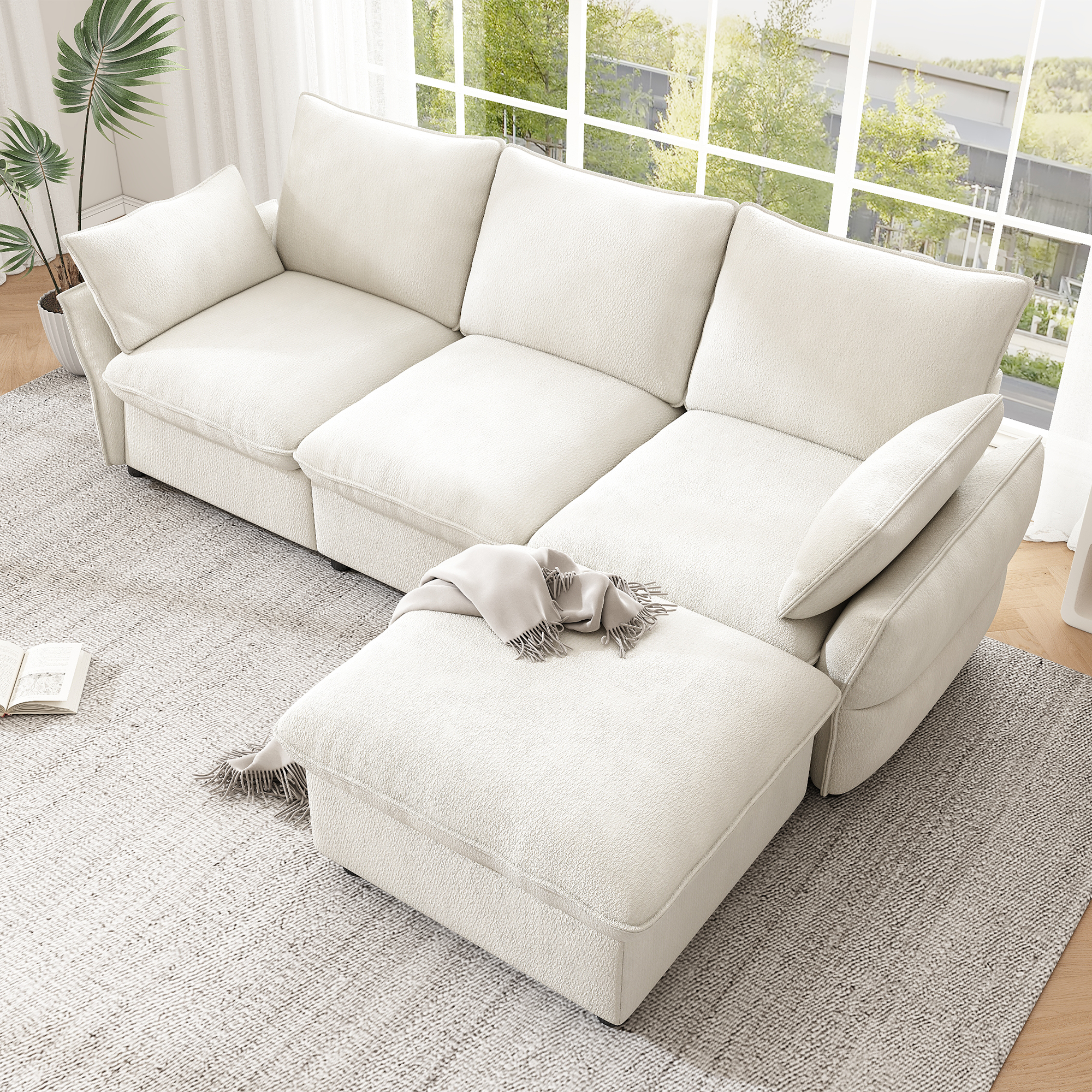 Canapé d’angle en L 3 places en chenille avec pouf, Beige, 222,5 x 154,5 x 76,5 cm - vue principale 1