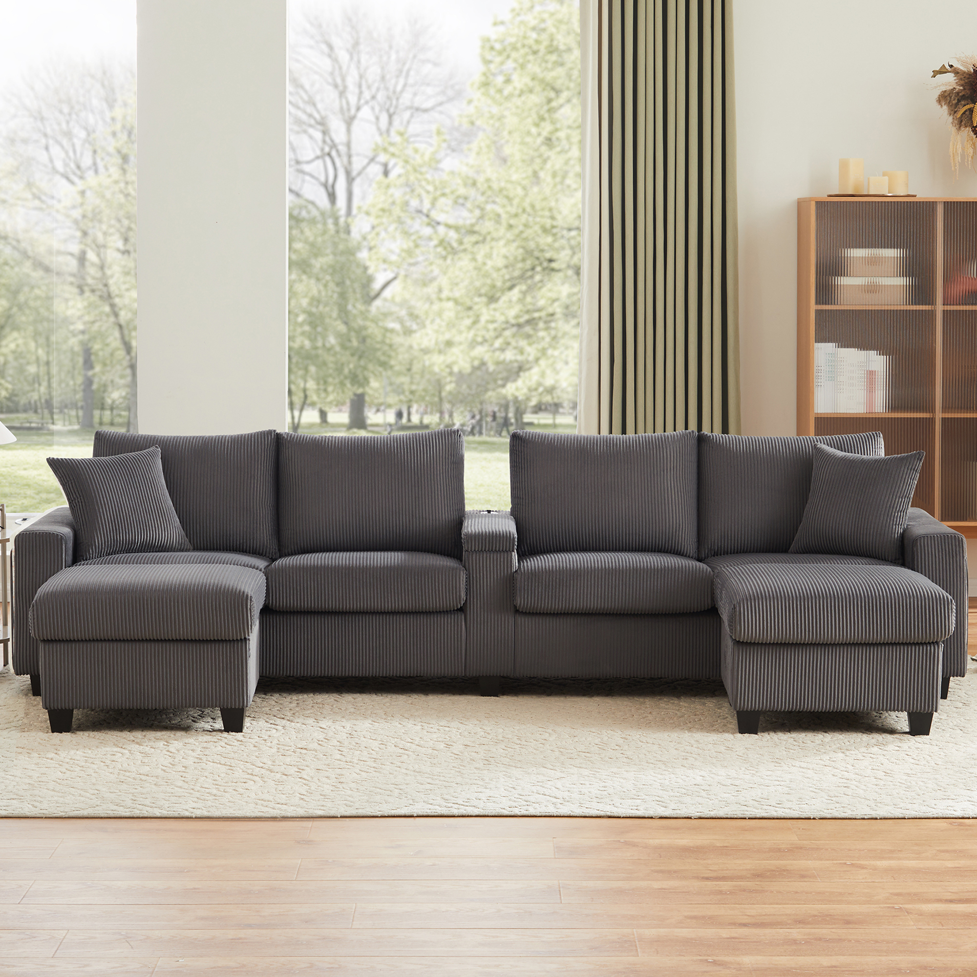 Canapé panoramique, structure pliante, ports USB, éclairage led, prises et recharge intégrées, 334 x 128,5 x 81 cm, velours côtelé, gris - vue 2