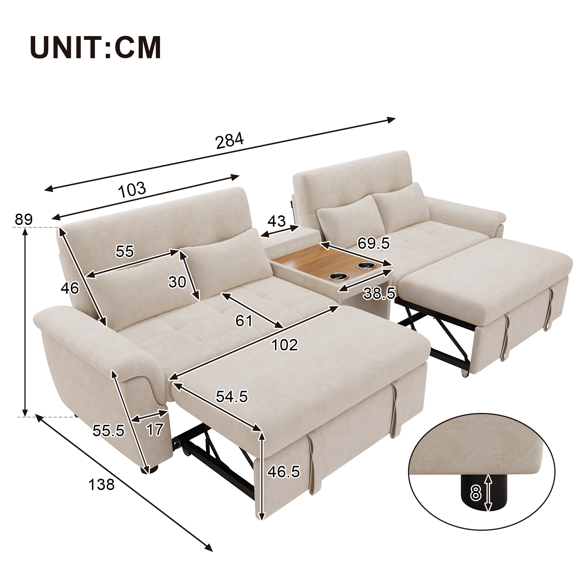 Canapé d’angle convertible en U 4 places en chenille avec rangement, USB/Type-C et porte-gobelets, Beige, 284 x 138 x 89 cm - vue complémentaire 1