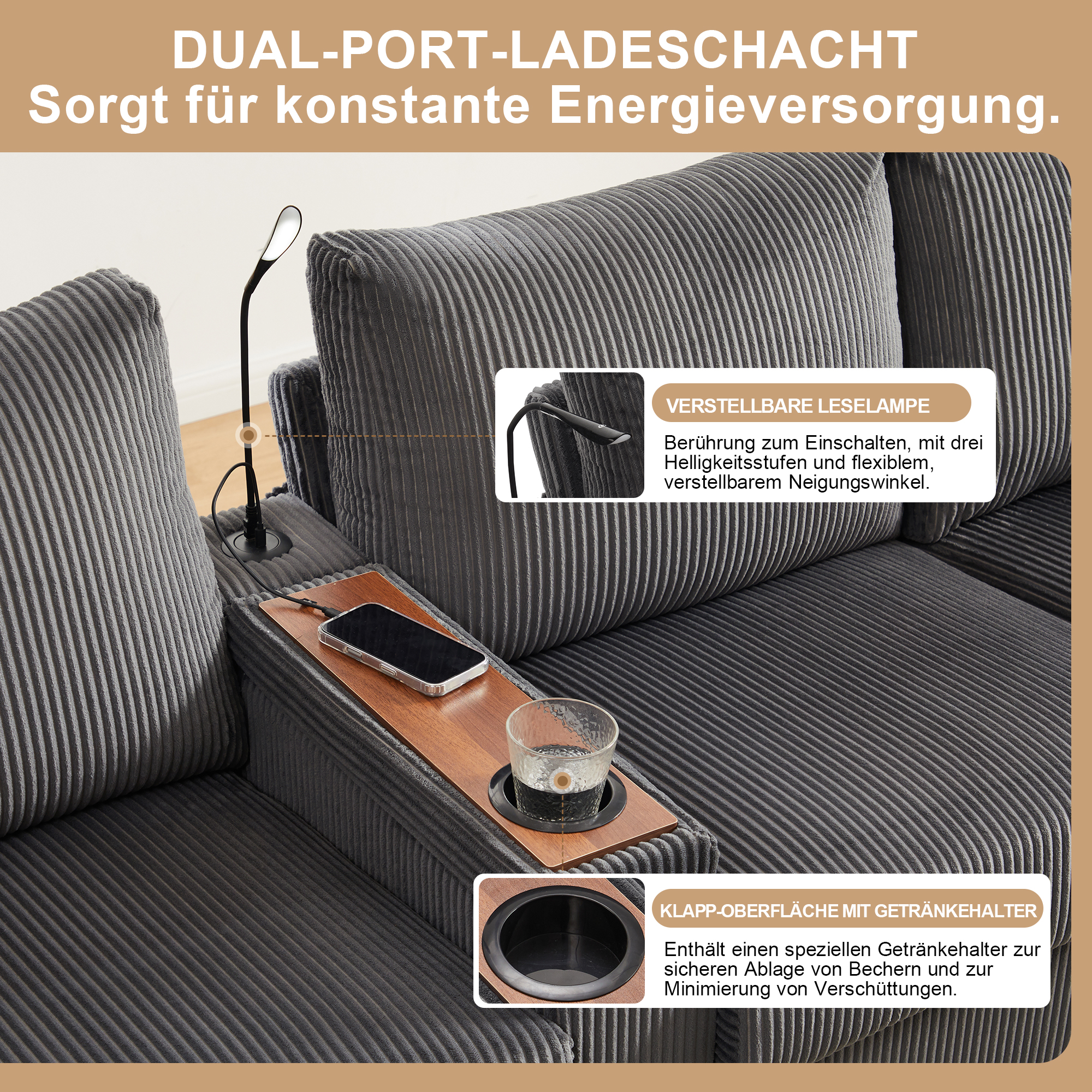 Rangement central avec USB et lampe