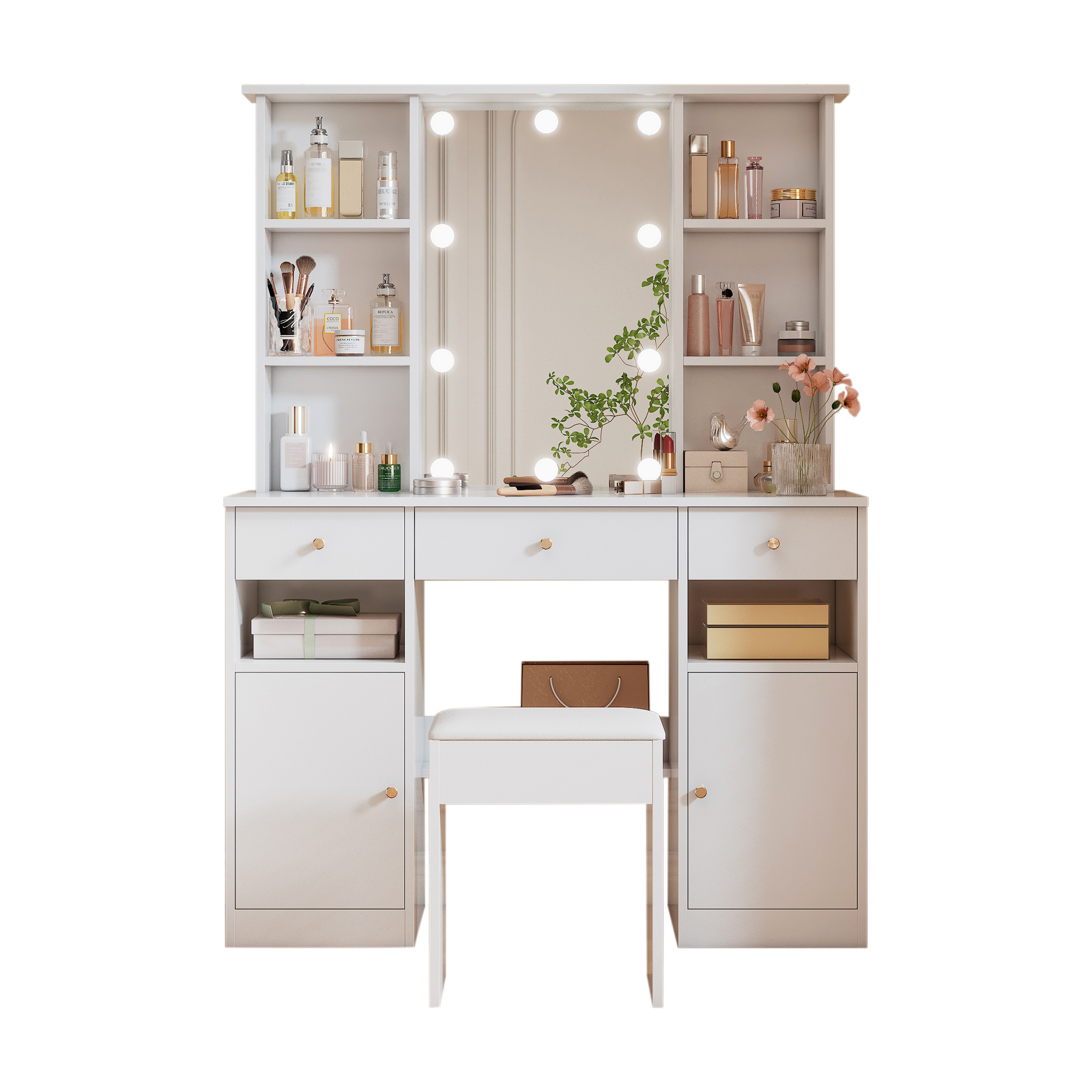 Coiffeuse, avec tiroirs, éclairage led, 110 x 40 x 151 cm, panneaux de particules, blanc - vue 2