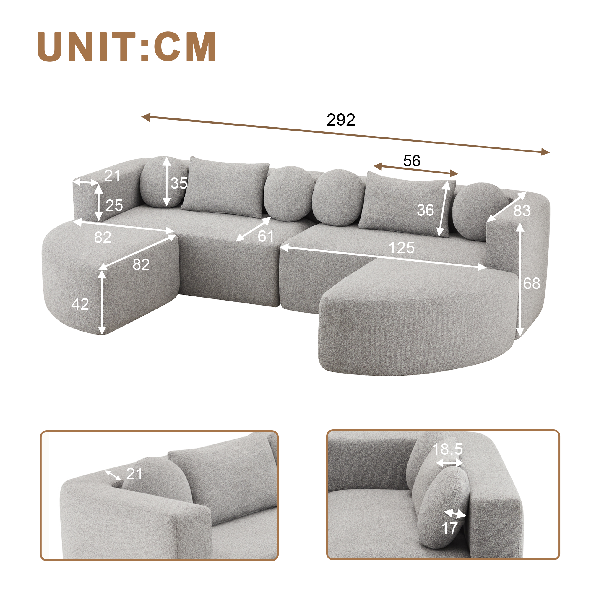 Dimensions canapé modulaire 292x165x68 cm