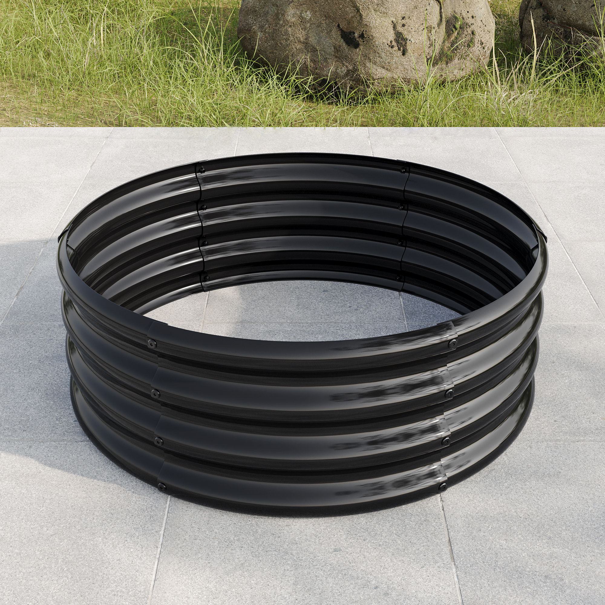 Carré potager surélevé rond Ø 80 x 30 cm, acier galvanisé Q195, fond ouvert, Noir - dimensions et spécifications