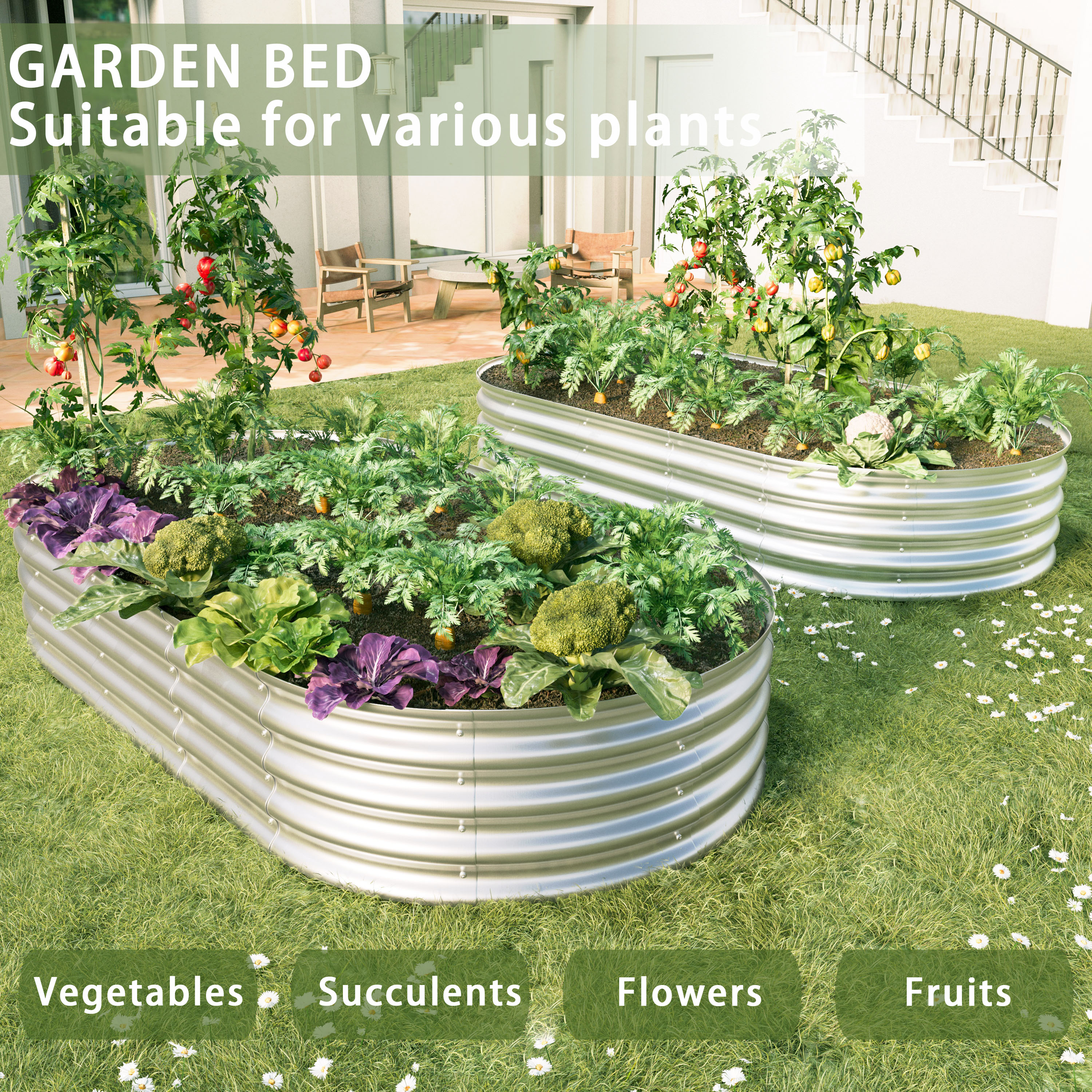 Lot de 2 carrés potagers surélevés 182,9 x 91,5 x 30,5 cm, acier galvanisé, fond ouvert, Argenté - vue principale