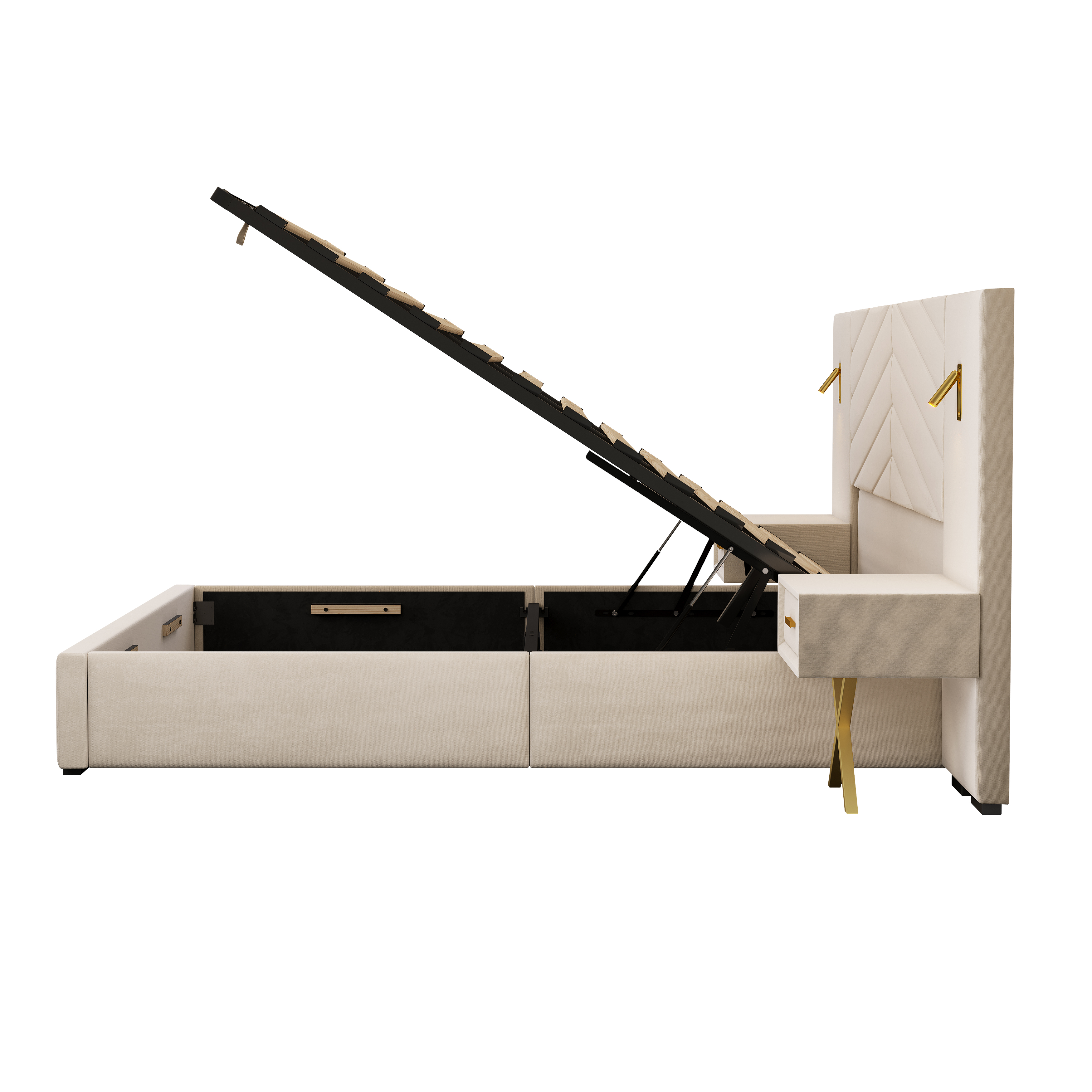 Lit King size avec rangement hydraulique, tête de lit avec ailes, velours, mécanisme à gaz avec 2 vérins, design moderne, pour chambre, beaucoup de rangement, ouverture et fermeture faciles, look sophistiqué - image 9