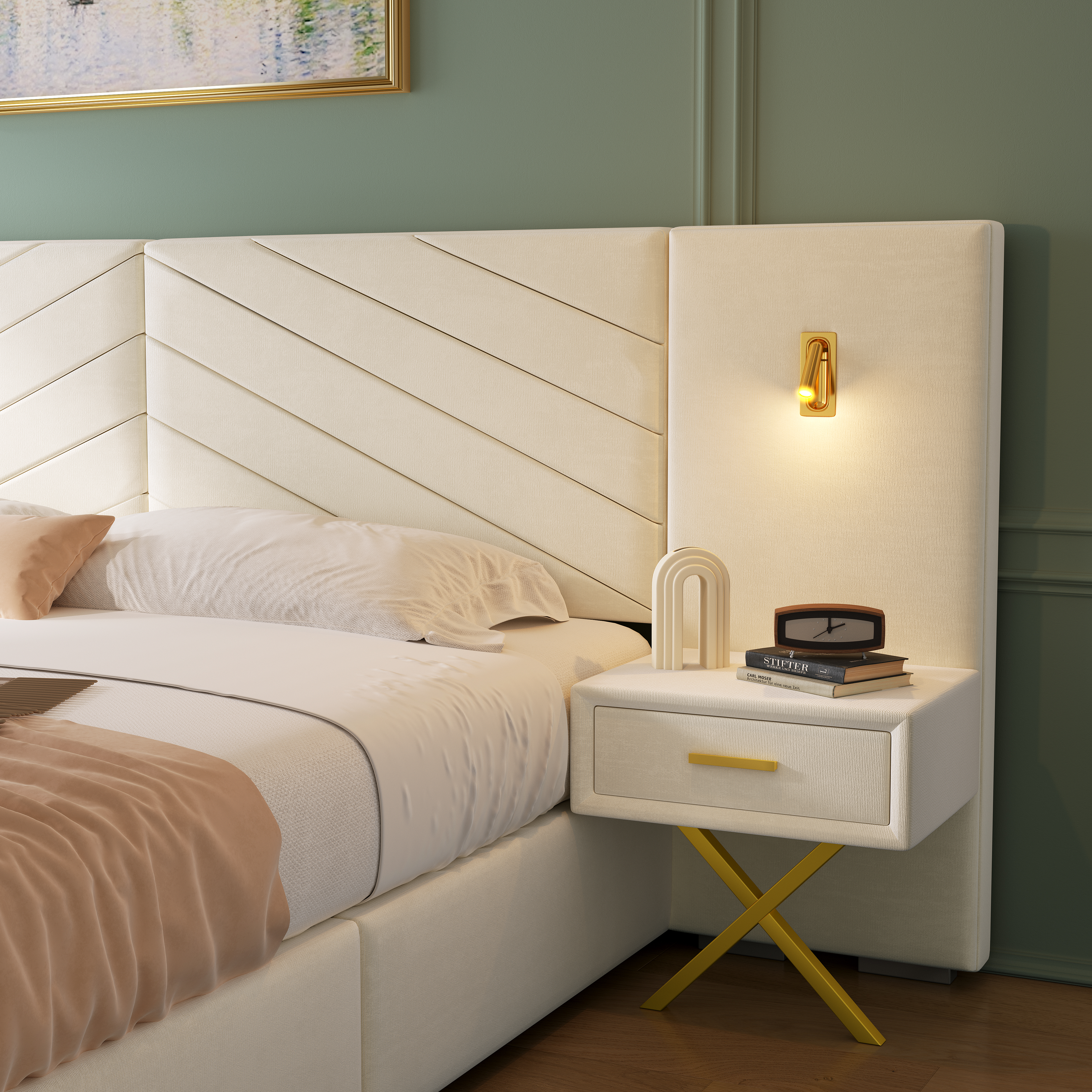 Lit King size avec rangement hydraulique, tête de lit avec ailes, velours, mécanisme à gaz avec 2 vérins, design moderne, pour chambre, beaucoup de rangement, ouverture et fermeture faciles, look sophistiqué - image 4