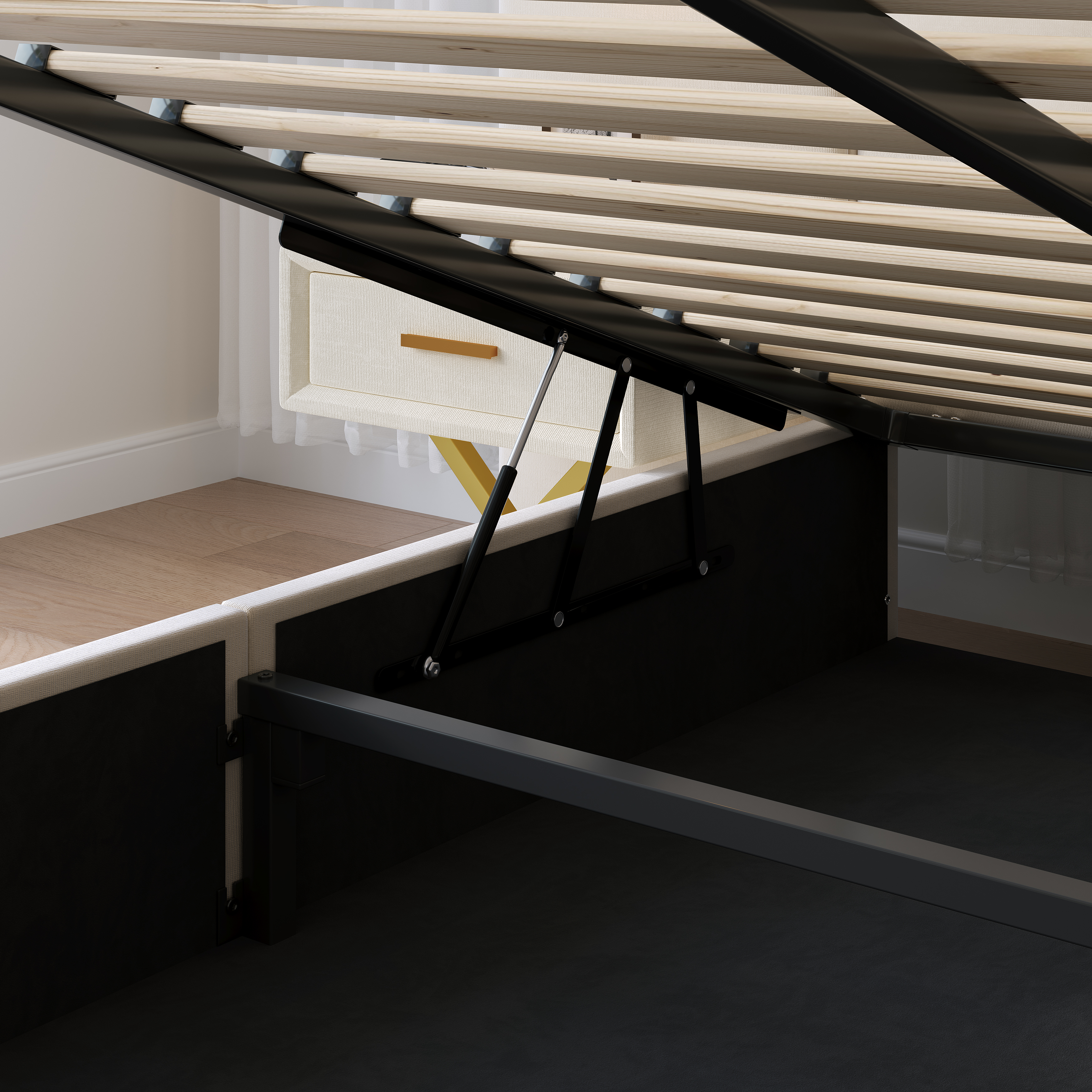 Lit King size avec rangement hydraulique, tête de lit avec ailes, velours, mécanisme à gaz avec 2 vérins, design moderne, pour chambre, beaucoup de rangement, ouverture et fermeture faciles, look sophistiqué - image 10