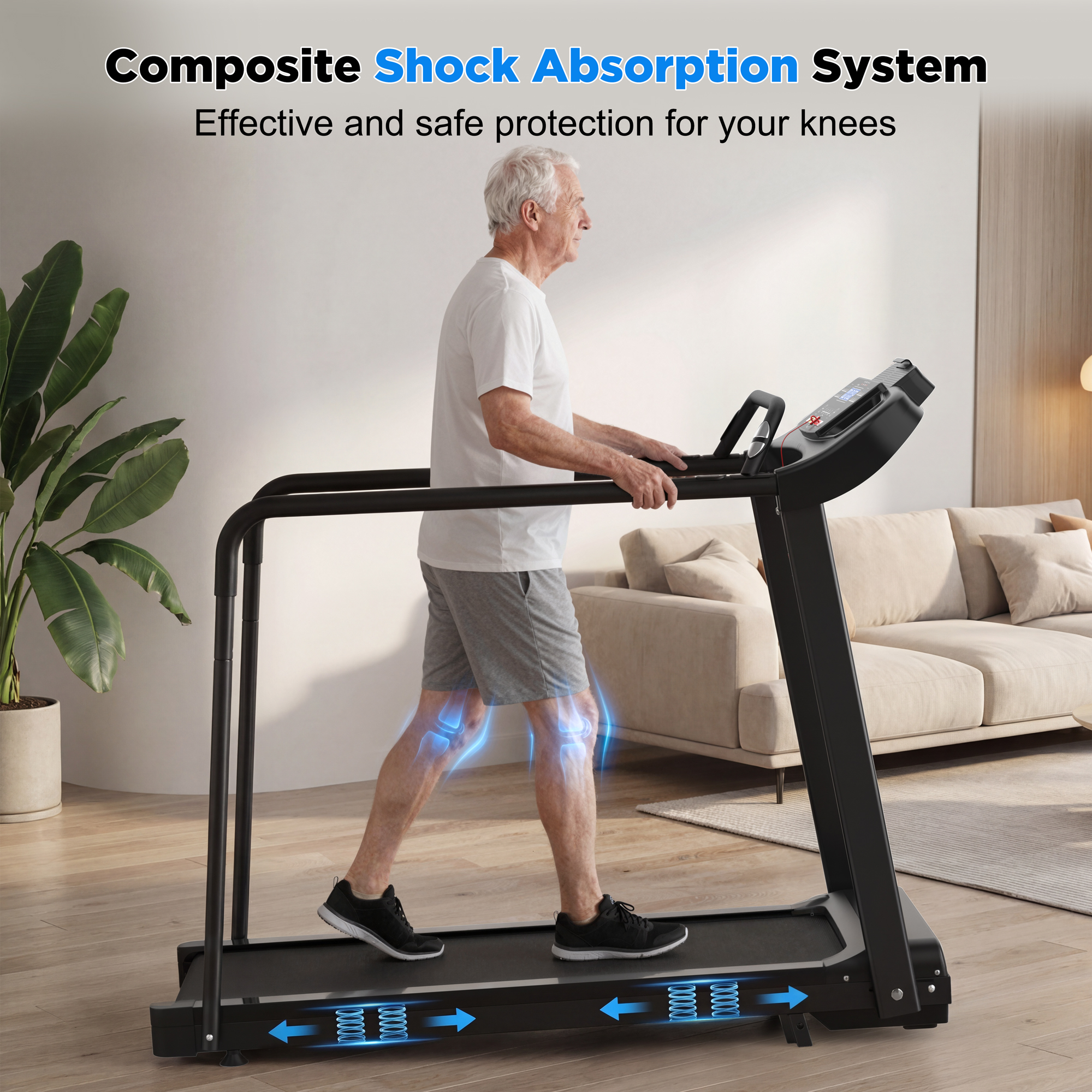 Tapis roulant pour seniors mains‑courantes multiples zones de préhension