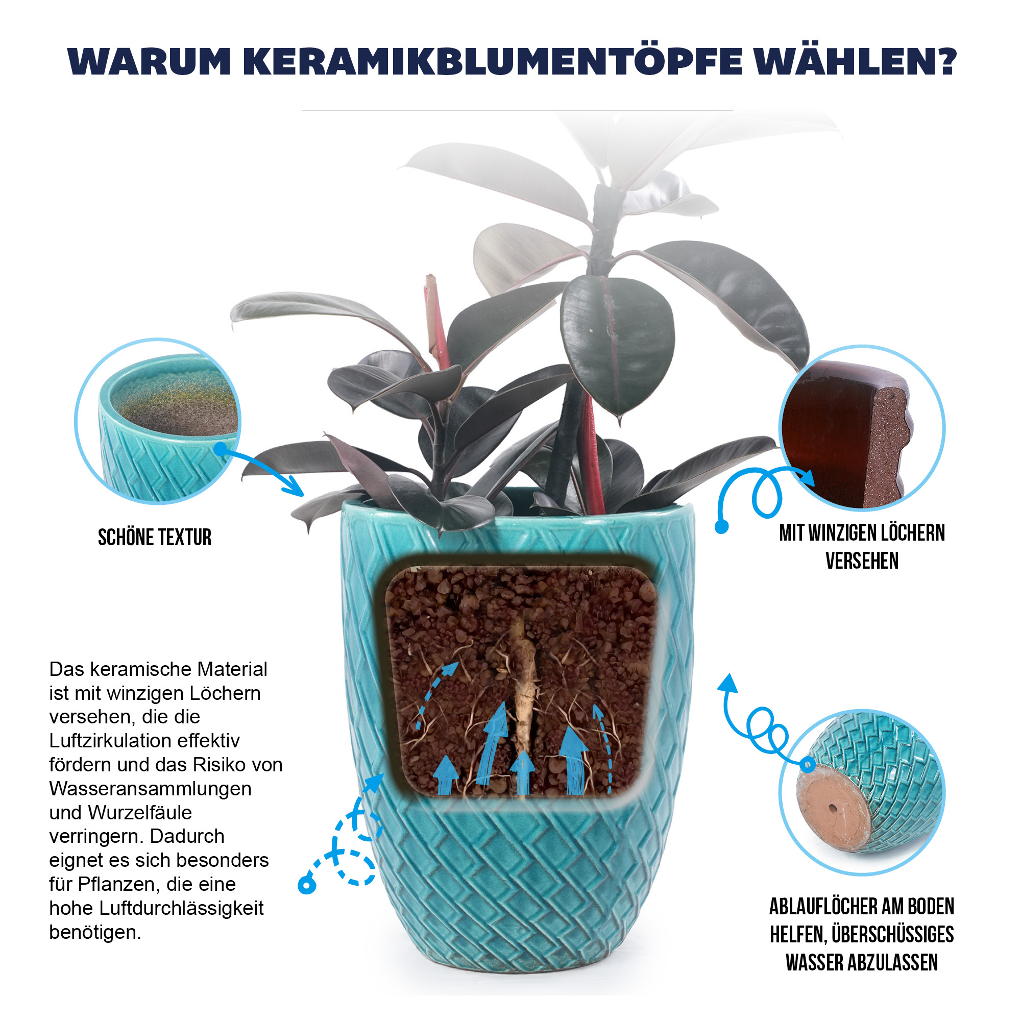 Pot céramique artisanal Ø42 cm H54 cm bleu‑cyan vue générale