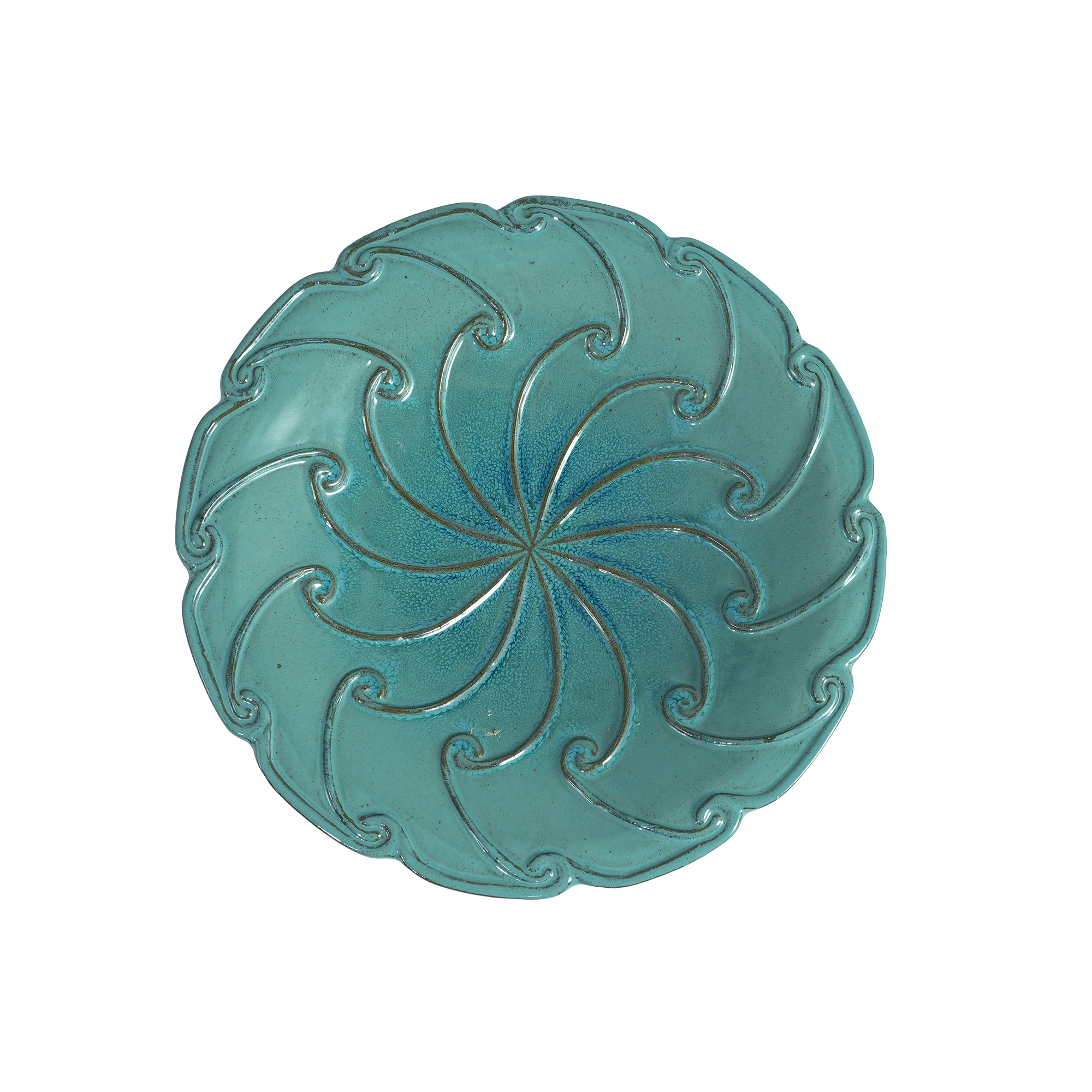 Relief feuillage spirale intérieur cuve, glaçure dégradée turquoise‑bleu avec éclaboussures sombres